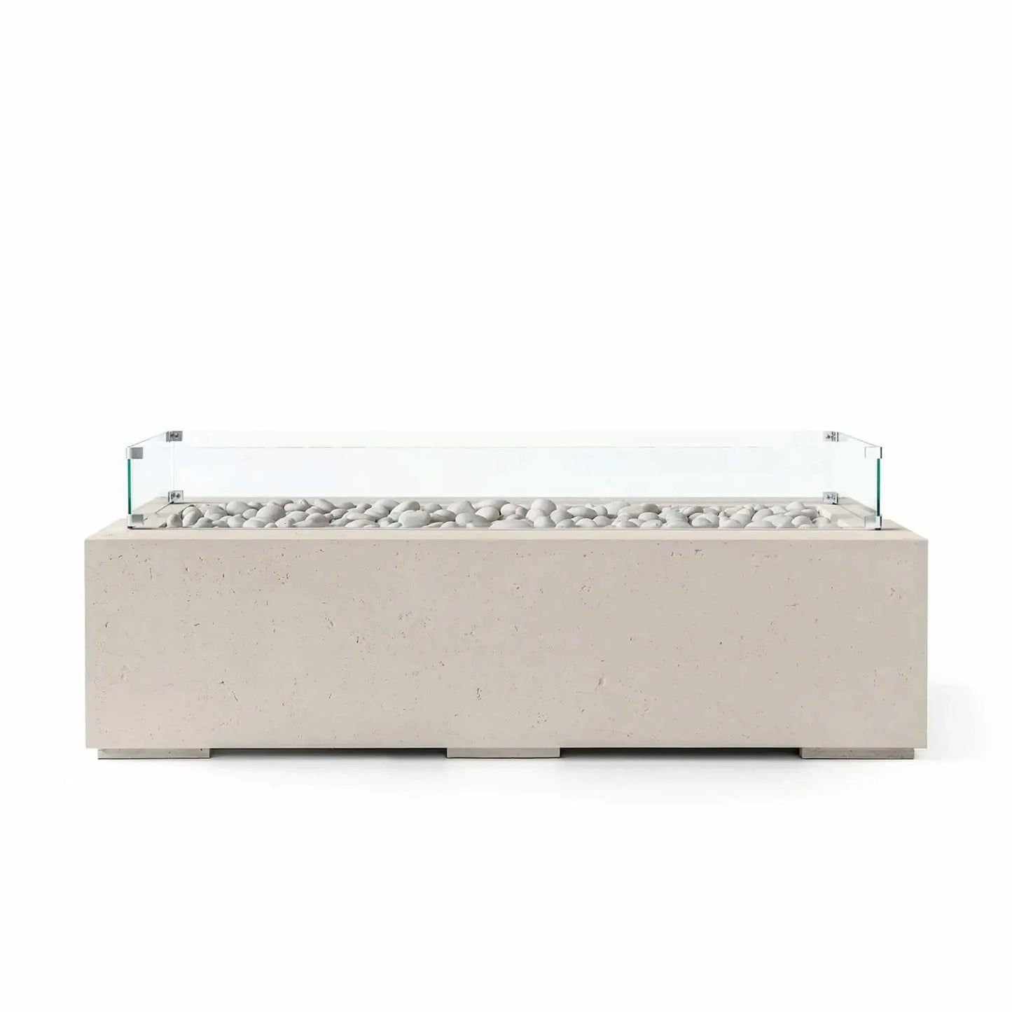 HPC Fire Hearth Products Controls Dekko GFRC Concrete Avera 60 x 26 Fire Pit in warm Clay finish with smooth ivory fire stones and a tempered glass wind guard. The rectangular outdoor fire pit showcases durable GFRC concrete construction, a contemporary low-profile silhouette, and a linear burner design that complements modern patios, courtyards, and outdoor gathering spaces.