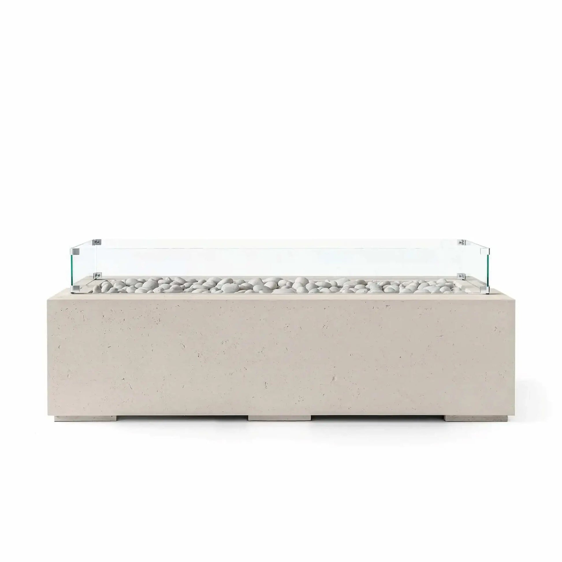 HPC Fire Hearth Products Controls Dekko GFRC Concrete Avera 60 x 26 Fire Pit in warm Clay finish with smooth ivory fire stones and a tempered glass wind guard. The rectangular outdoor fire pit showcases durable GFRC concrete construction, a contemporary low-profile silhouette, and a linear burner design that complements modern patios, courtyards, and outdoor gathering spaces.