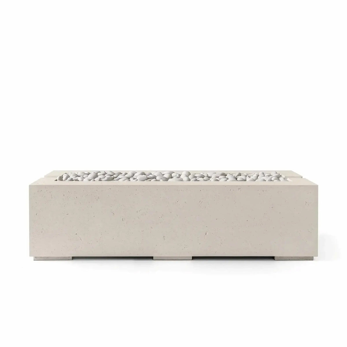 HPC Fire Hearth Products Controls Dekko GFRC Concrete Avera 60 x 26 Fire Pit in a warm Clay finish with Ivory Stone fire media. The rectangular outdoor gas fire pit features clean architectural lines, durable glass fiber reinforced concrete construction, and smooth white decorative stones for a refined, contemporary backyard fire feature.