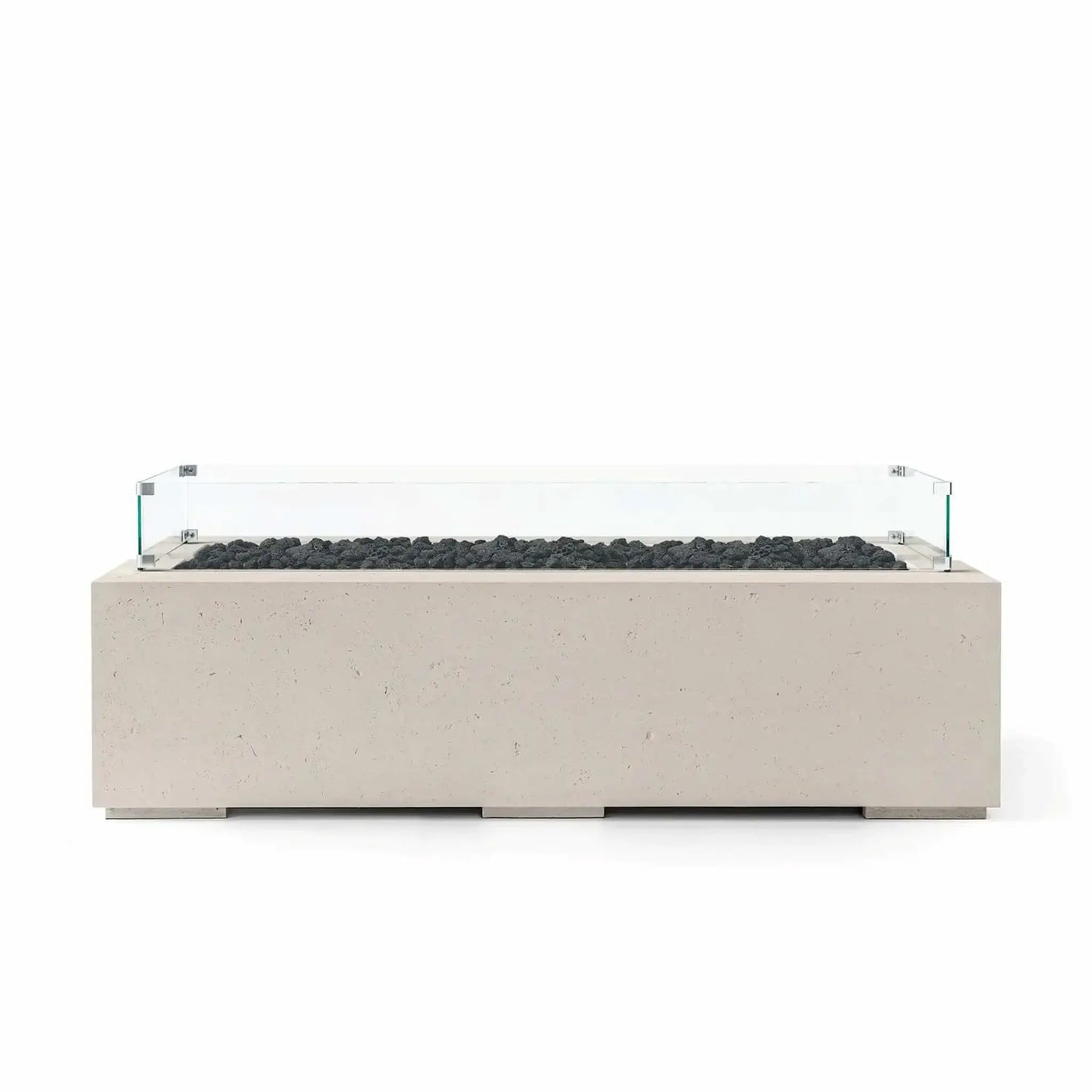 HPC Fire Hearth Products Controls Dekko GFRC Concrete Avera 60 x 26 Fire Pit featuring a Clay-colored concrete finish, natural black lava rock media, and a tempered glass wind guard. The elongated rectangular fire pit combines contemporary design, textured GFRC construction, and a linear burner enclosure to create an elegant focal point for outdoor entertaining and modern landscape environments.