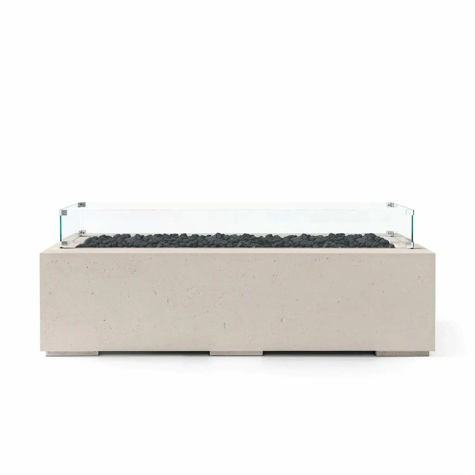 HPC Fire Hearth Products Controls Dekko GFRC Concrete Avera 60 x 26 Fire Pit featuring a Clay-colored concrete finish, natural black lava rock media, and a tempered glass wind guard. The elongated rectangular fire pit combines contemporary design, textured GFRC construction, and a linear burner enclosure to create an elegant focal point for outdoor entertaining and modern landscape environments.