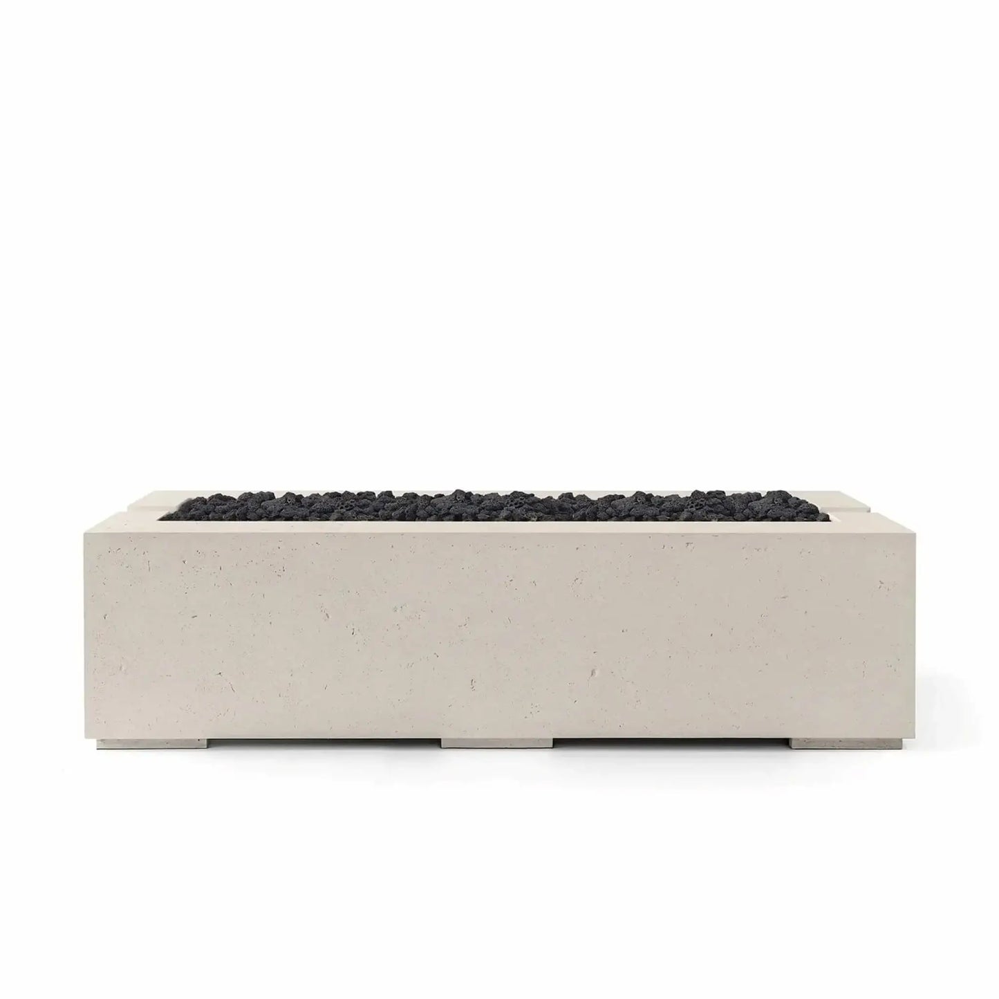 Product image of the Dekko GFRC Concrete Avera 60 x 26 Fire Pit from HPC Fire Hearth Products Controls in Clay finish with Lava Rock media. The neutral-toned concrete body and dark volcanic rock create striking contrast, while the rectangular linear design delivers a modern outdoor fire pit solution for patios, courtyards, and gathering spaces.