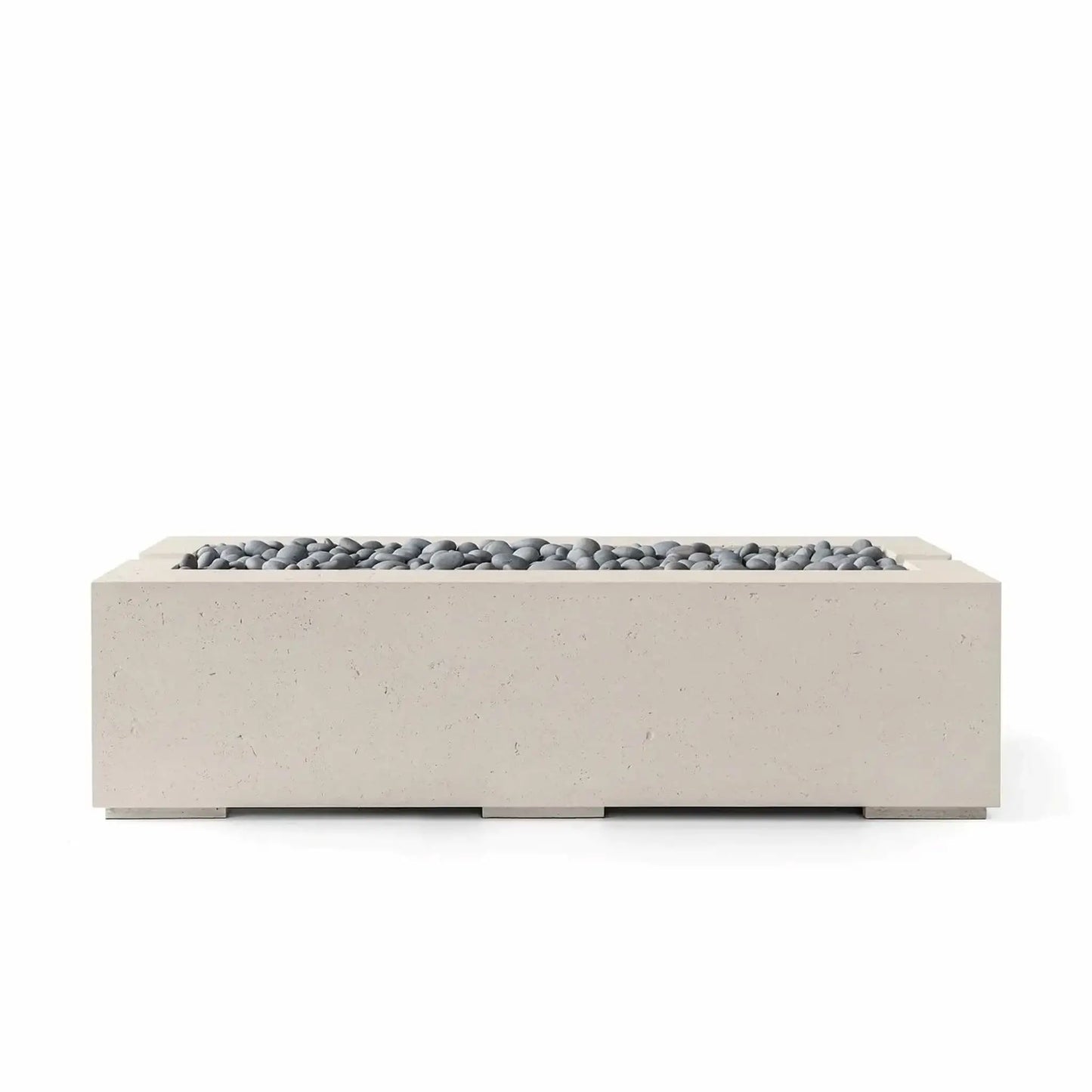 HPC Fire Hearth Products Controls Dekko Avera 60 x 26 GFRC Concrete Fire Pit shown in Clay finish with Slate Stone media. This contemporary rectangular fire pit features a recessed burner tray, textured concrete construction, and smooth gray decorative stones, making it an attractive centerpiece for luxury outdoor living and entertainment areas.