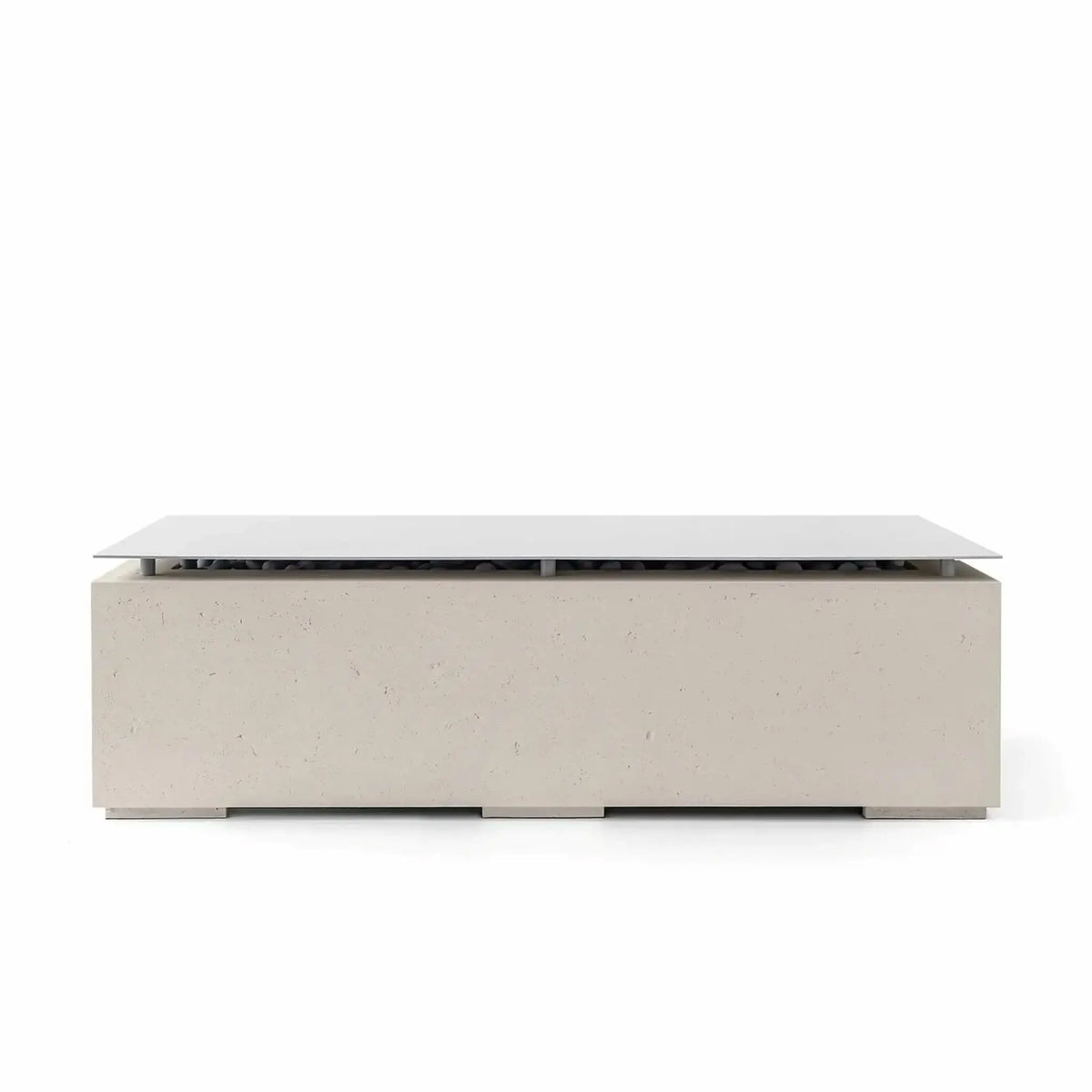 Studio product image of the HPC Fire Hearth Products Controls Dekko GFRC Concrete Avera 60 x 26 Fire Pit in a warm Clay finish with a stainless steel table top lid covering the burner area. The rectangular GFRC concrete fire pit features subtle surface texture, modern low-profile proportions, decorative fire media beneath the lid, and a refined outdoor furniture-inspired appearance.