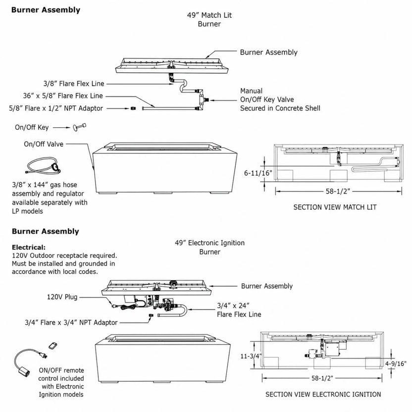 Technical burner assembly and ignition specification sheet for the HPC Fire Hearth Products Controls Dekko GFRC Concrete Avera 60 x 26 Fire Pit. The engineering drawing illustrates both 49-inch Match Lit and 49-inch Electronic Ignition burner configurations, including flare flex lines, gas valve components, remote control system, electrical requirements, burner assemblies, section views, dimensions, and installation details for fire pit setup and operation.