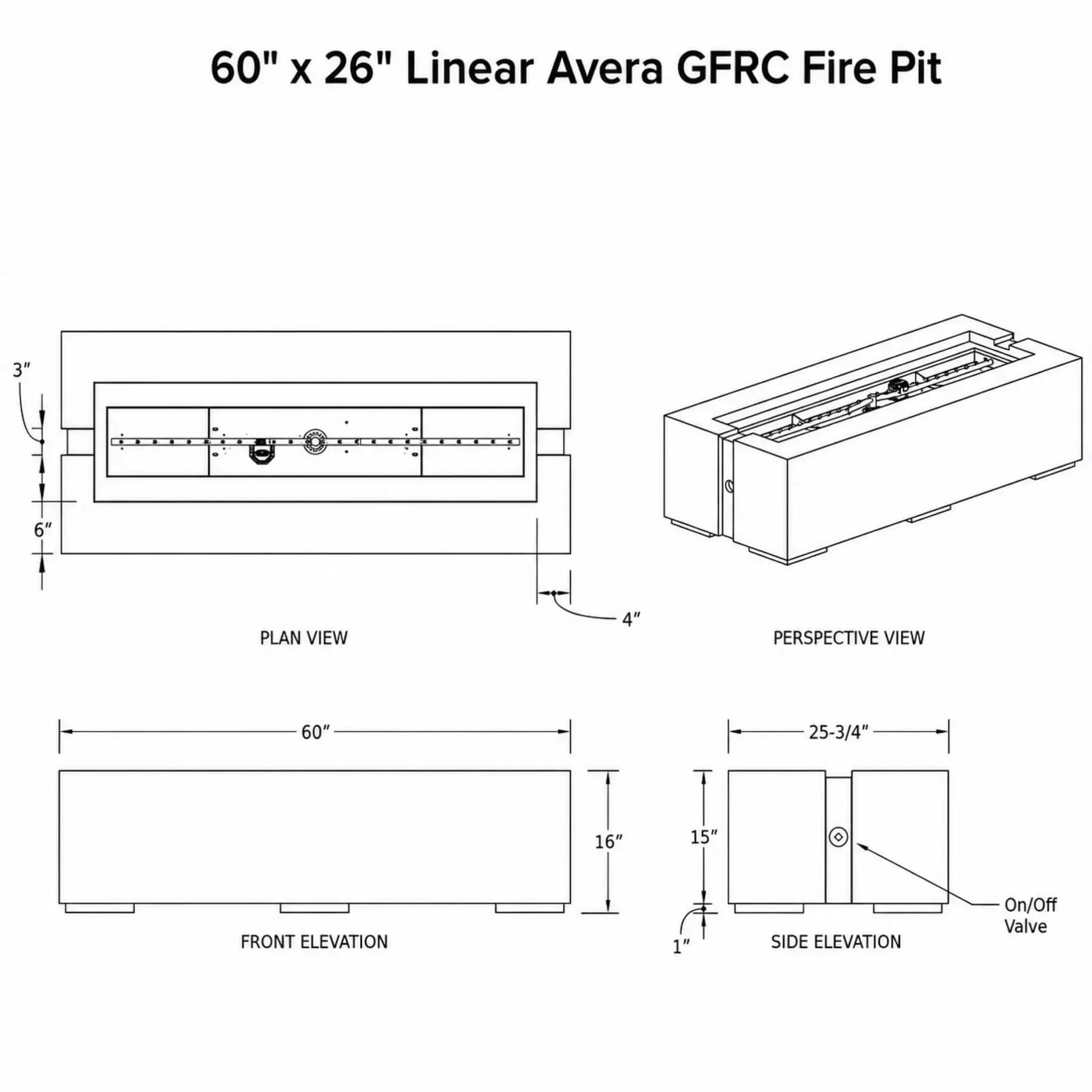 Technical specification sheet for the HPC Fire Hearth Products Controls Dekko GFRC Concrete Avera 60 x 26 Fire Pit. Engineering drawing includes plan view, perspective view, front elevation, and side elevation with labeled dimensions showing 60-inch length, approximately 26-inch width, 16-inch overall height, burner opening layout, valve location, and construction details for installation planning and product specification reference.