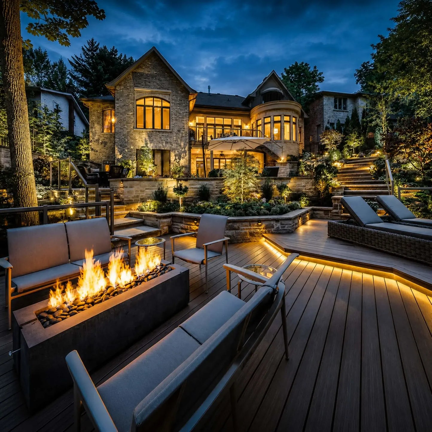 Evening luxury outdoor living space featuring the HPC Fire Hearth Products Controls Dekko GFRC Concrete Avera 60 x 26 Fire Pit. Bright flames rise above decorative fire media on a multi-level deck surrounded by modern patio furniture, landscape lighting, and a large illuminated custom home, creating a warm and inviting backyard gathering area after sunset.