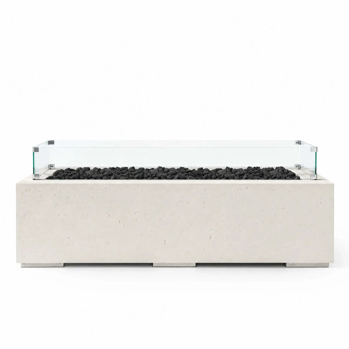 HPC Fire Hearth Products Controls Dekko GFRC Concrete Avera 60 x 26 Fire Pit in Limestone finish featuring natural black lava rock media and a clear tempered glass wind guard. This rectangular outdoor fire pit table showcases a durable GFRC concrete construction, clean contemporary lines, and a linear burner design, making it a stylish focal point for patios, outdoor lounges, and modern backyard living spaces.