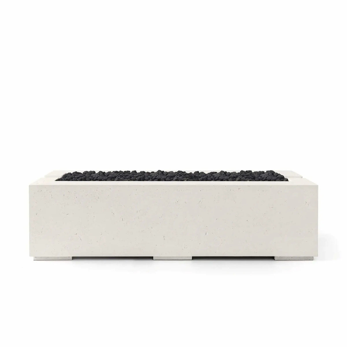 HPC Fire Hearth Products Controls Dekko GFRC Concrete Avera 60 x 26 Fire Pit displayed in a Limestone finish with black Lava Rock burner media. The contrast between the light concrete body and dark volcanic rock highlights the fire pit’s elongated rectangular shape, recessed burner tray, and contemporary design suited for modern patios and outdoor gathering spaces.