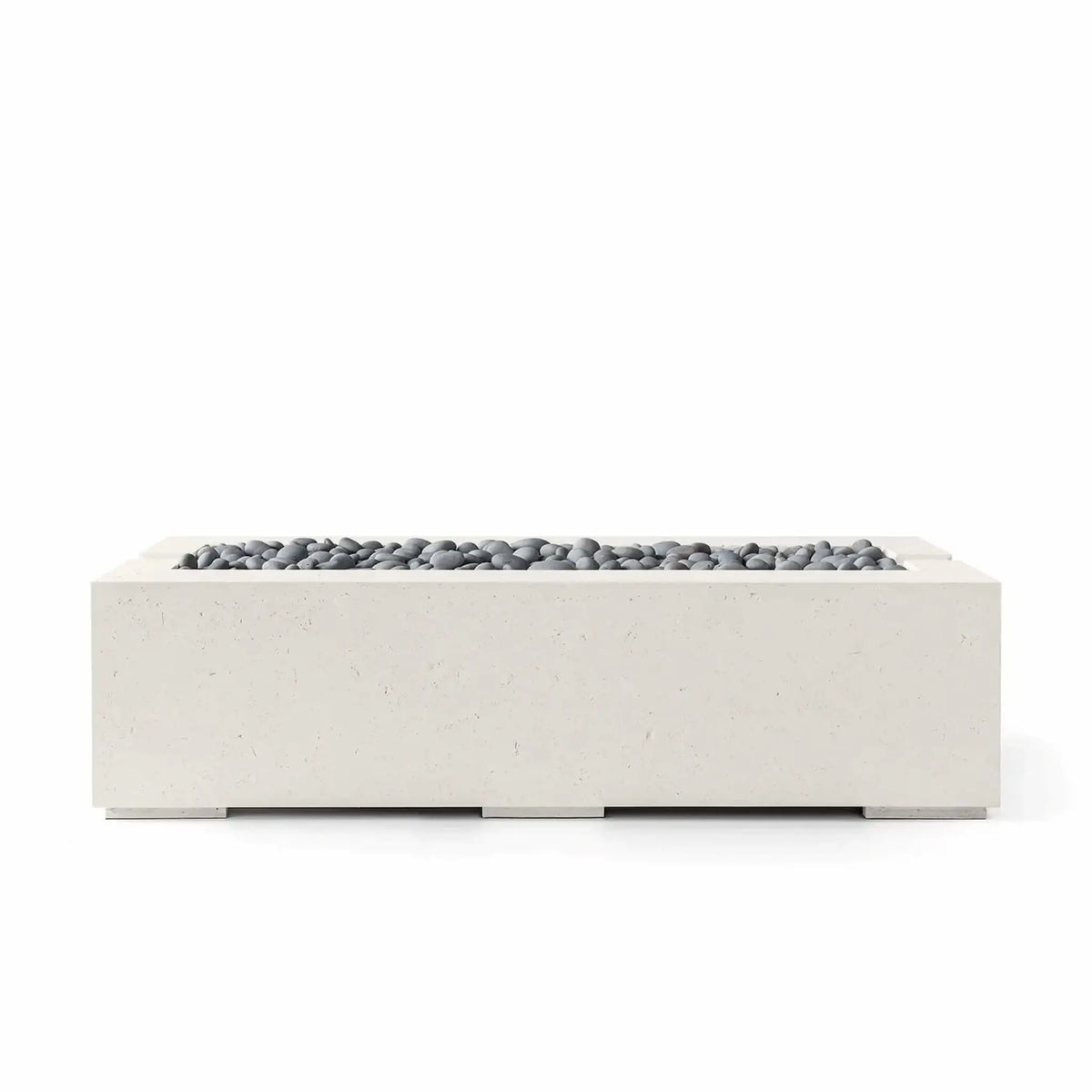Front product view of the HPC Fire Hearth Products Controls Dekko GFRC Concrete Avera 60 x 26 Fire Pit in Limestone finish featuring Slate Stone media. The rectangular concrete fire pit combines subtle texture, clean geometric styling, and smooth gray decorative stones, offering a sophisticated centerpiece for residential patios, outdoor lounges, and landscape projects.