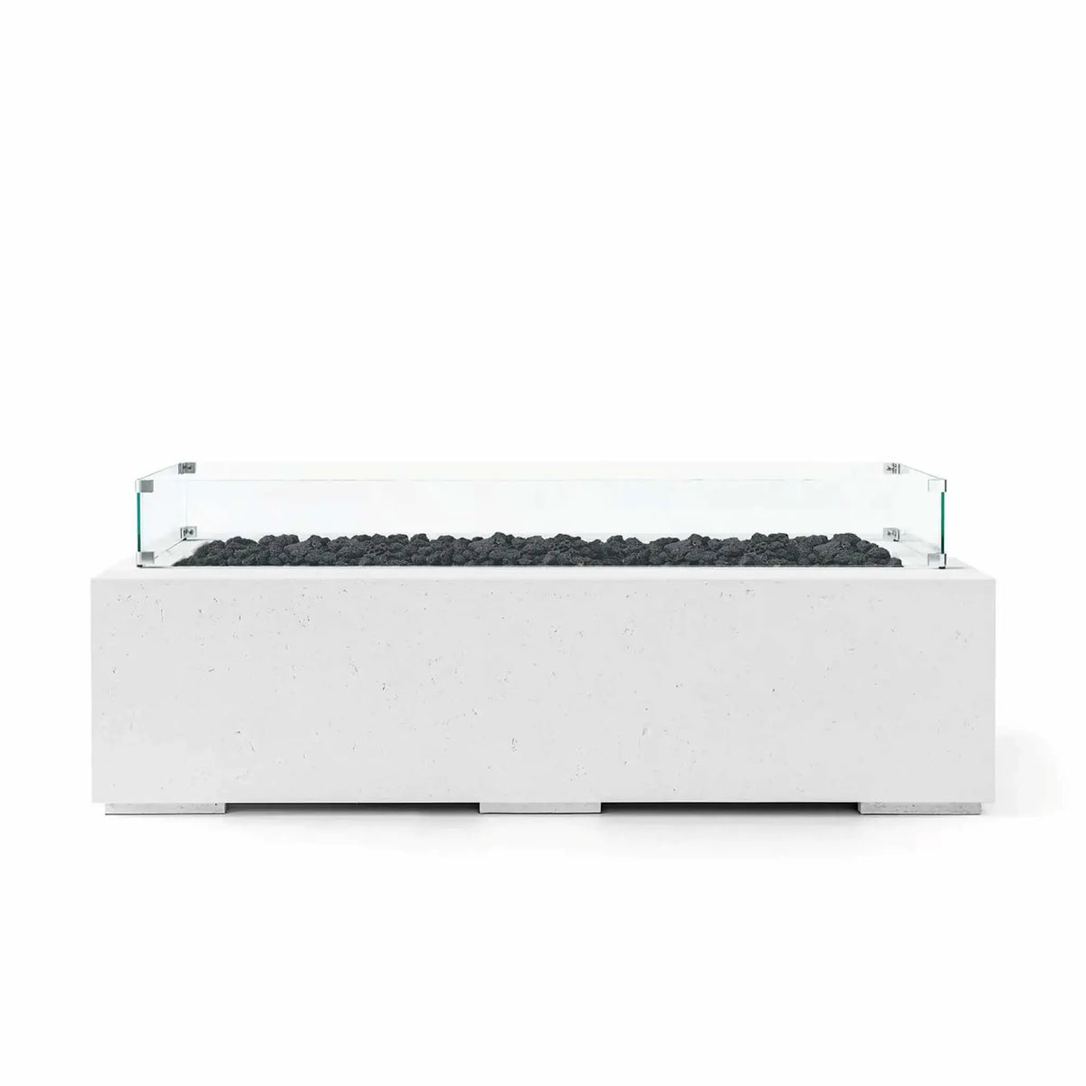HPC Fire Hearth Products Controls Dekko GFRC Concrete Avera 60 x 26 Fire Pit in Natural finish featuring black lava rock media and a clear tempered glass wind guard. This modern rectangular fire pit table combines clean GFRC concrete styling with a linear burner layout, creating an elegant and durable outdoor centerpiece for patios, decks, and luxury backyard gathering areas.