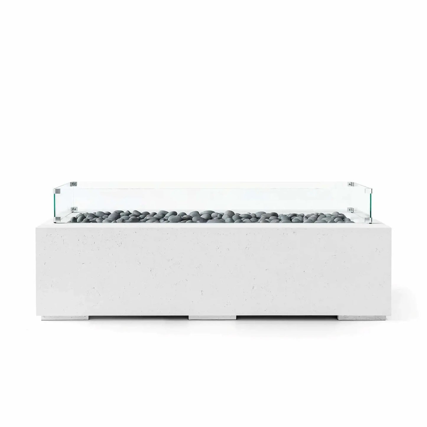 HPC Fire Hearth Products Controls Dekko GFRC Concrete Avera 60 x 26 Fire Pit with a Natural concrete finish, polished slate stone media, and a tempered glass wind guard. The elongated rectangular fire pit features a contemporary linear burner channel, durable GFRC construction, and a refined minimalist appearance suited for residential patios and modern outdoor living environments.