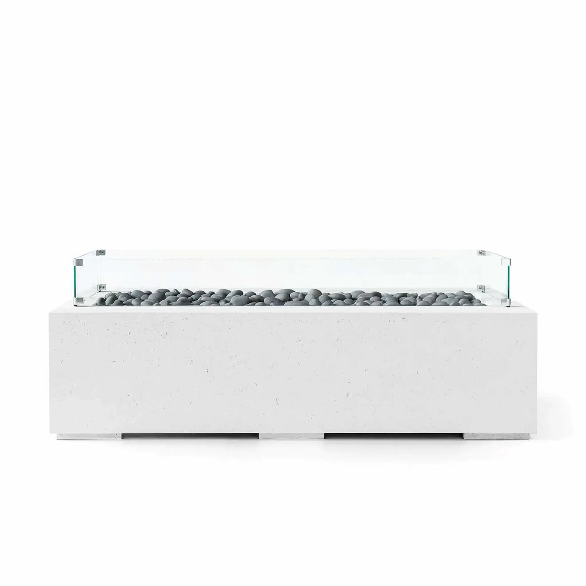 HPC Fire Hearth Products Controls Dekko GFRC Concrete Avera 60 x 26 Fire Pit with a Natural concrete finish, polished slate stone media, and a tempered glass wind guard. The elongated rectangular fire pit features a contemporary linear burner channel, durable GFRC construction, and a refined minimalist appearance suited for residential patios and modern outdoor living environments.