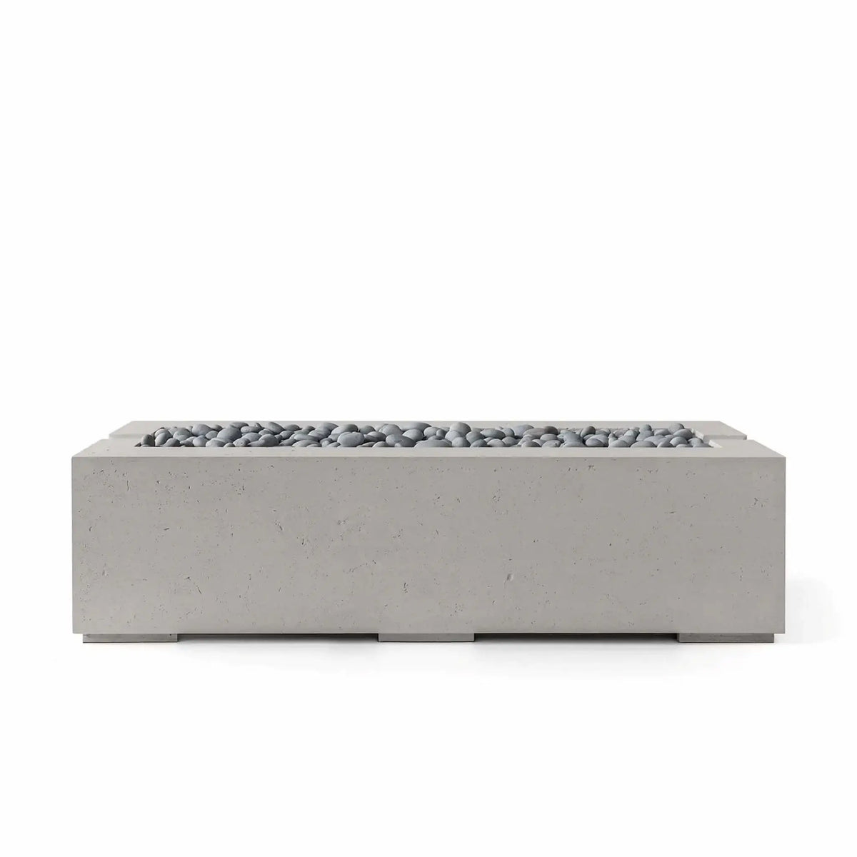 Front product view of the HPC Fire Hearth Products Controls Dekko GFRC Concrete Avera 60 x 26 Fire Pit in Sandstone finish with Slate Stone media. The rectangular outdoor fire feature showcases a warm concrete exterior, recessed burner tray, and smooth gray decorative stones that complement its minimalist design, creating a sophisticated focal point for contemporary outdoor living environments.