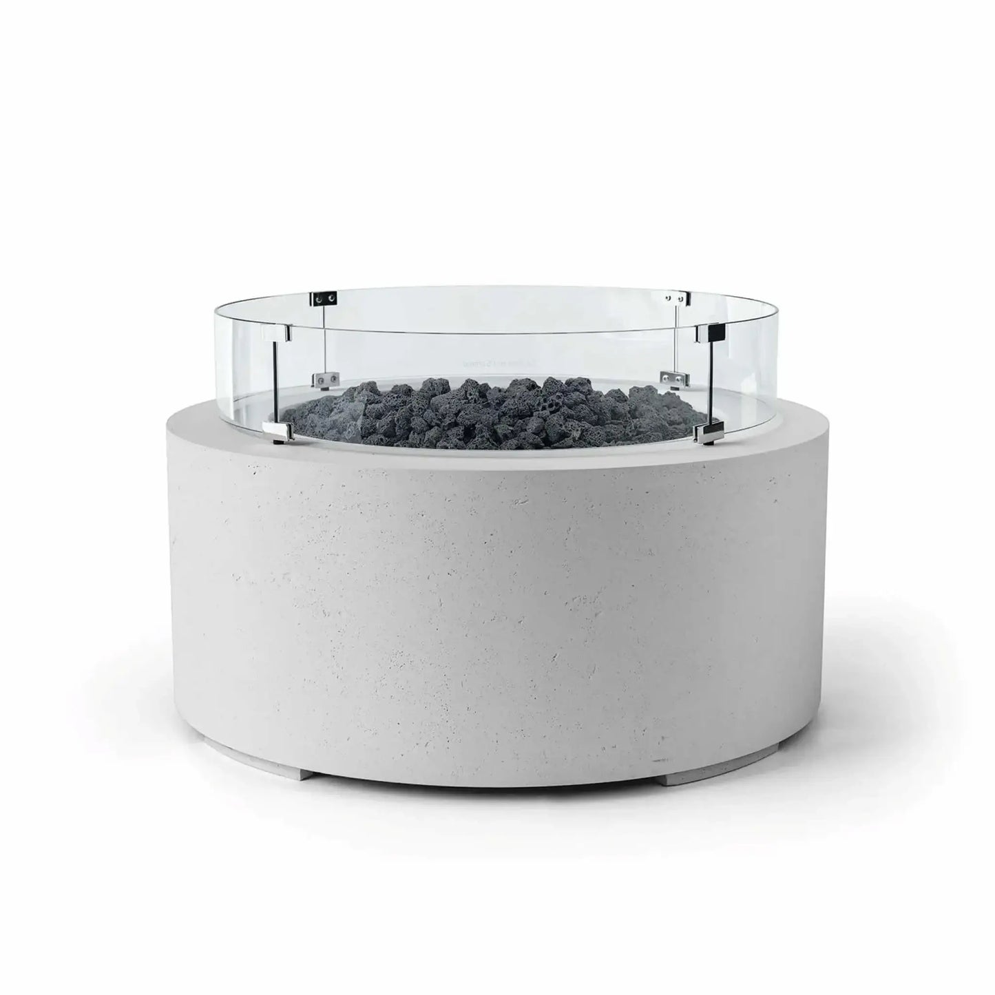 HPC Fire Hearth Products Controls Dekko GFRC Concrete Belmont Fire Pit in Ash finish with Lava Rock media and a Tempered Glass Wind Guard. This round outdoor fire pit features a smooth light gray GFRC concrete body, natural black lava rock fire media, and a circular clear glass windscreen mounted above the burner area. The clean white background highlights the Belmont Fire Pit’s modern aesthetic and functional wind protection.