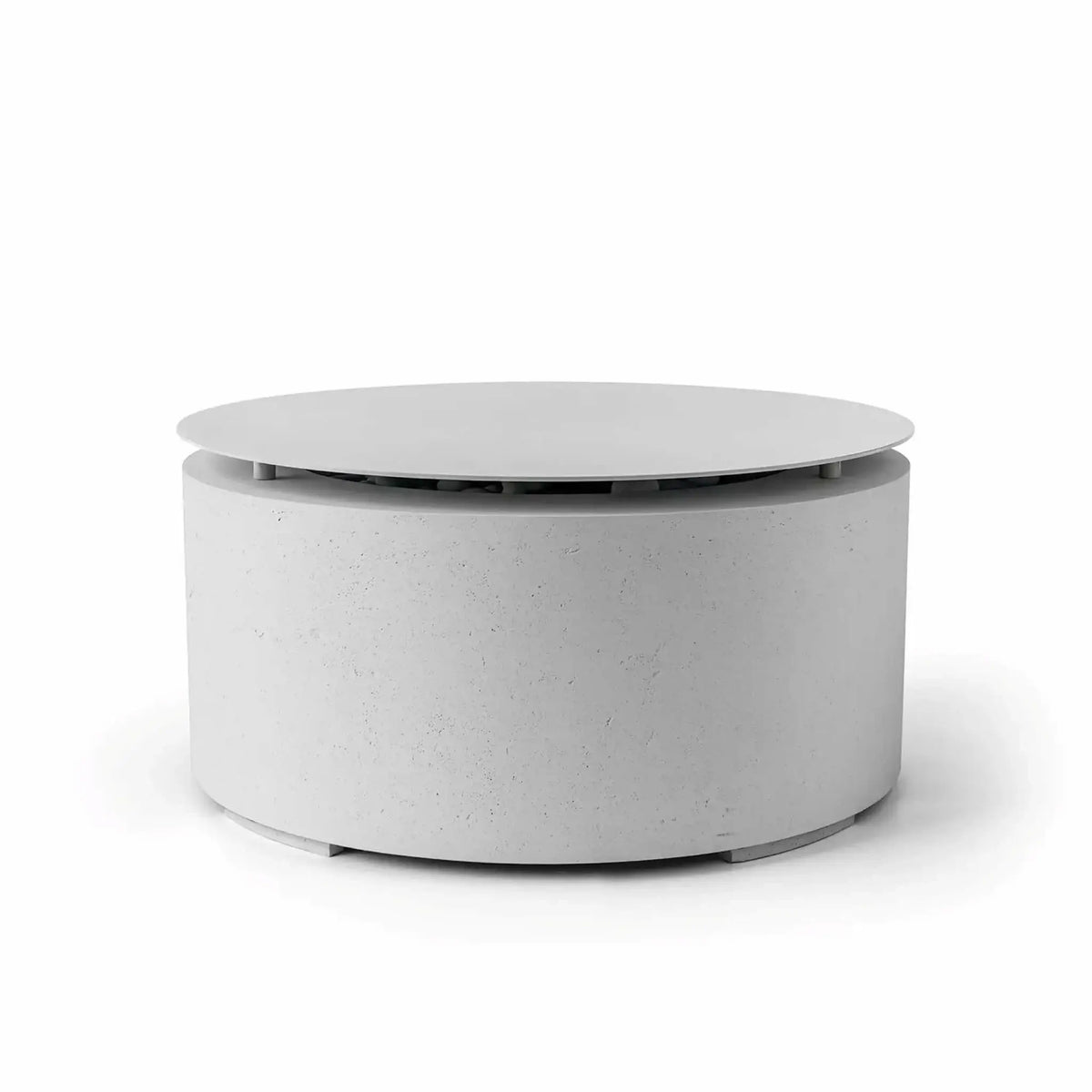 HPC Fire Hearth Products Controls Dekko GFRC Concrete Belmont Fire Pit in Ash finish with matching Table Top Lid installed. This round GFRC concrete fire pit features a smooth light gray cylindrical body and a circular metal lid that converts the fire feature into a functional outdoor table surface. Shown on a clean white background, the Belmont Fire Pit Table Top Lid provides a sleek, contemporary solution for maximizing patio and outdoor living space.