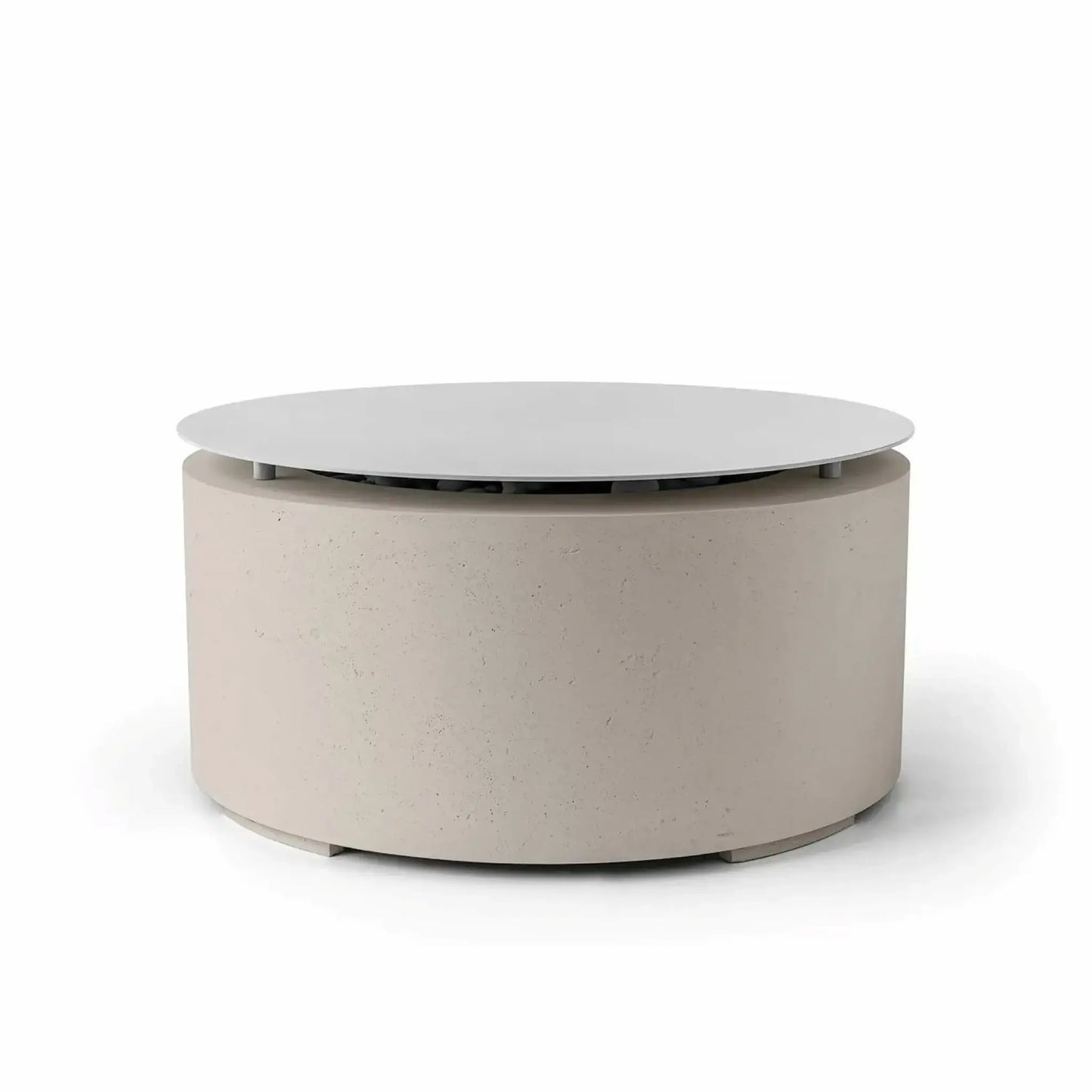 HPC Fire Hearth Products Controls Dekko GFRC Concrete Belmont Fire Pit in Clay finish featuring a matching Table Top Lid. This contemporary round fire pit includes a warm beige concrete body, smooth cylindrical profile, and a circular lid that covers the burner area to create additional tabletop space. The Belmont Fire Pit blends modern outdoor design with practical functionality for residential patios, decks, and entertaining areas.