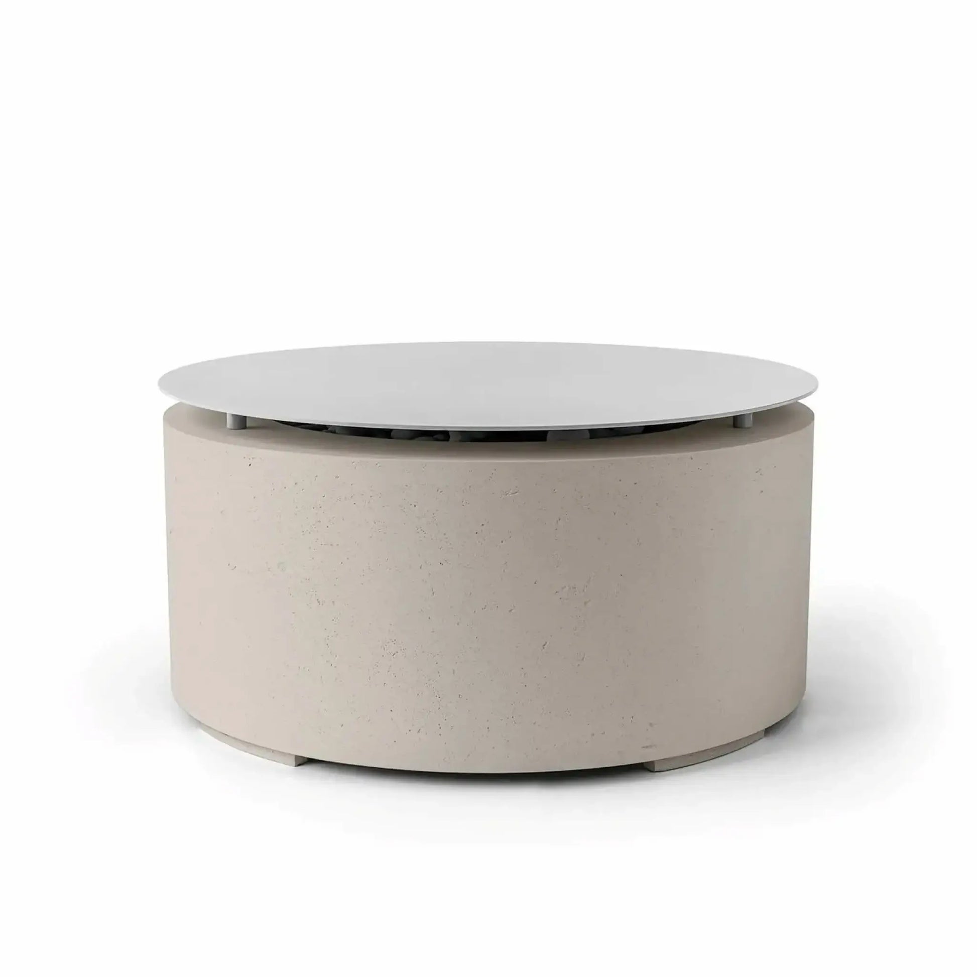HPC Fire Hearth Products Controls Dekko GFRC Concrete Belmont Fire Pit in Clay finish featuring a matching Table Top Lid. This contemporary round fire pit includes a warm beige concrete body, smooth cylindrical profile, and a circular lid that covers the burner area to create additional tabletop space. The Belmont Fire Pit blends modern outdoor design with practical functionality for residential patios, decks, and entertaining areas.