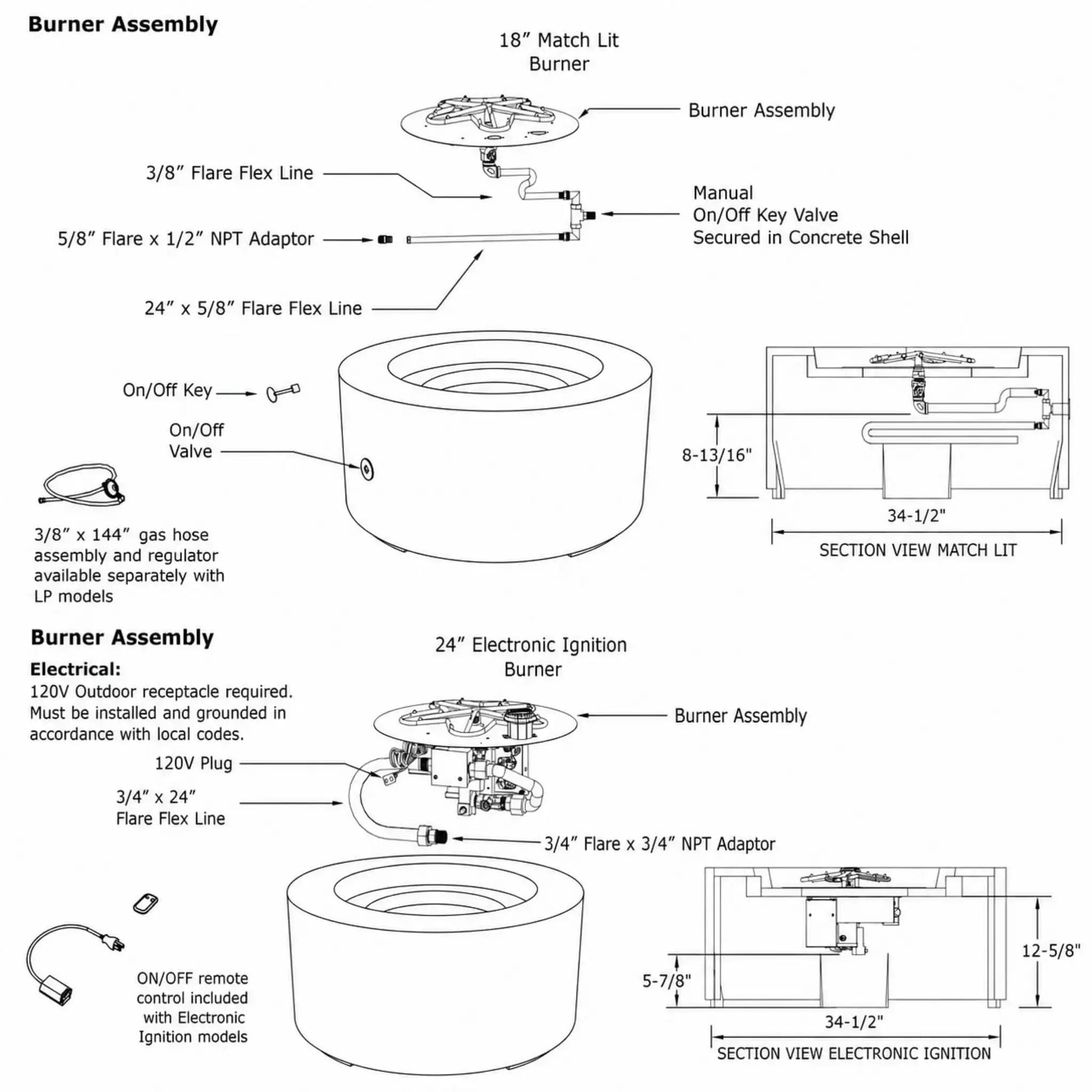 HPC Fire Hearth Products Controls Dekko GFRC Concrete Belmont Fire Pit General Specification Sheet illustrating Match Lit and Electronic Ignition burner assemblies. The technical drawing includes burner components, flex gas lines, manual on/off valve locations, electronic ignition system details, section views, dimensions, gas connections, electrical requirements, remote control components, and installation layouts for the Belmont GFRC concrete fire pit.