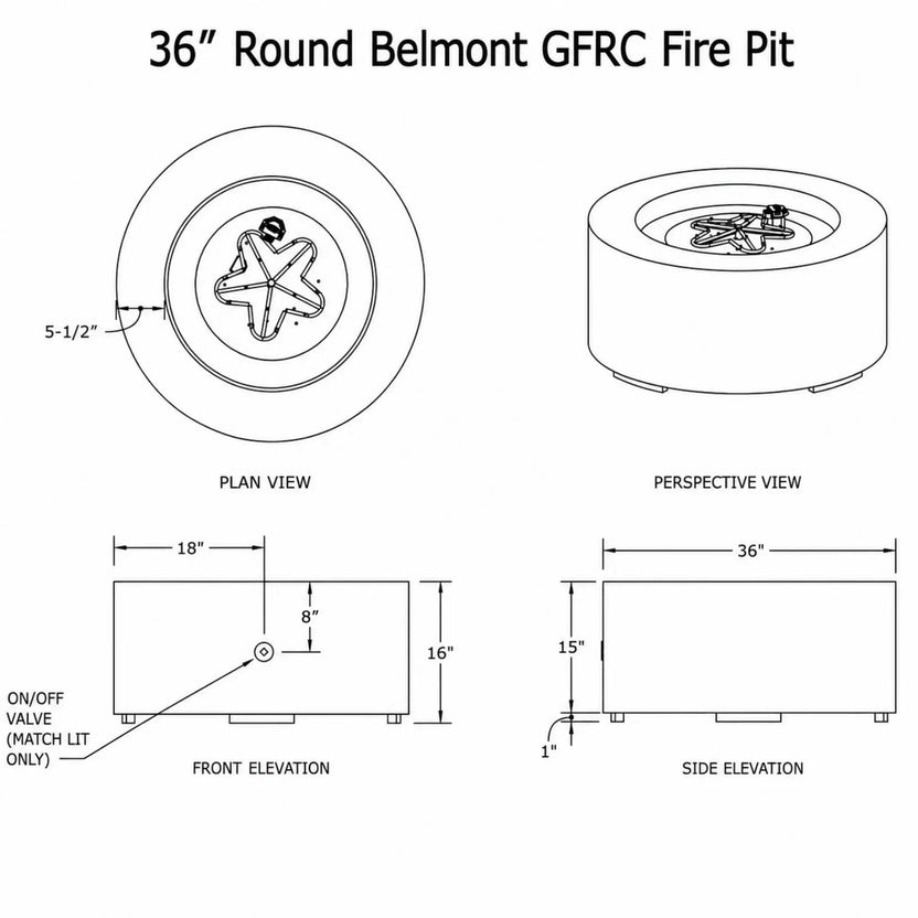 HPC Fire Hearth Products Controls Dekko GFRC Concrete Belmont Fire Pit General Specification Sheet showing detailed engineering drawings of the 36-inch Round Belmont GFRC Fire Pit. The technical diagram includes plan, perspective, front elevation, and side elevation views with labeled dimensions, burner layout, fire pit height, diameter, rim width, and on/off valve location. This specification graphic provides installation and sizing information for the Belmont outdoor fire pit model.