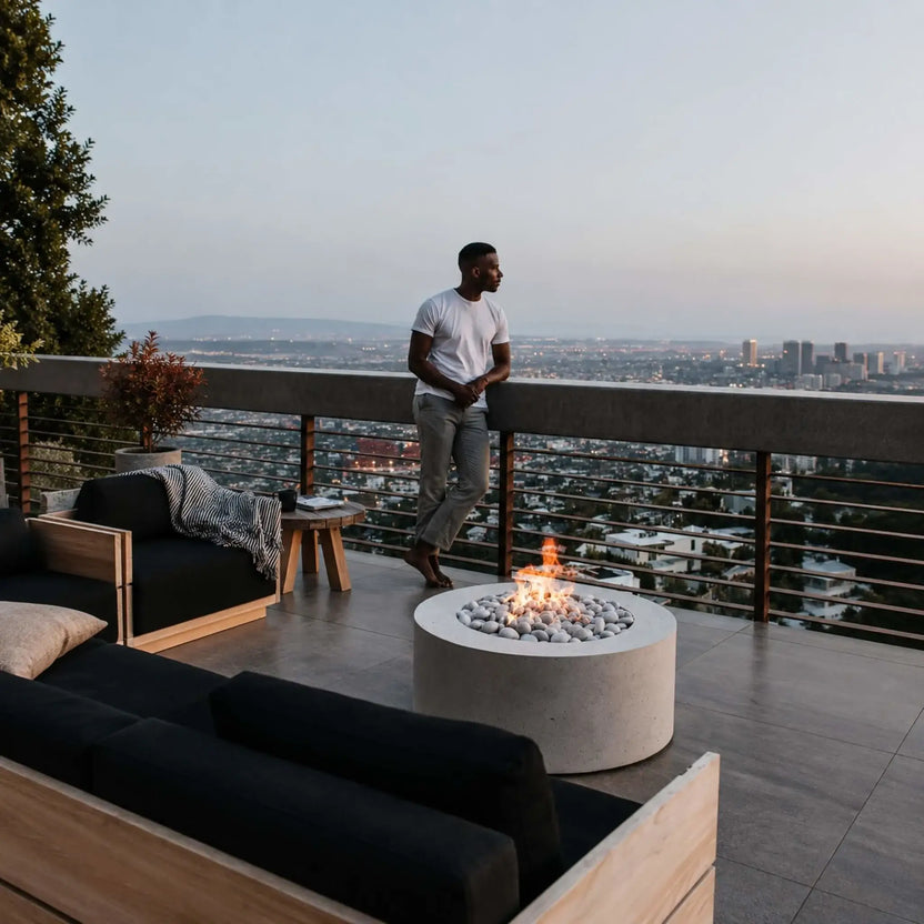 HPC Fire Hearth Products Controls Dekko GFRC Concrete Belmont Fire Pit showcased on an elevated terrace with panoramic city views at dusk. The round fire feature burns brightly over smooth stone media while modern lounge seating surrounds the space. This lifestyle image captures the Belmont Fire Pit as a luxurious outdoor focal point, combining contemporary GFRC concrete construction with inviting firelight and scenic surroundings.
