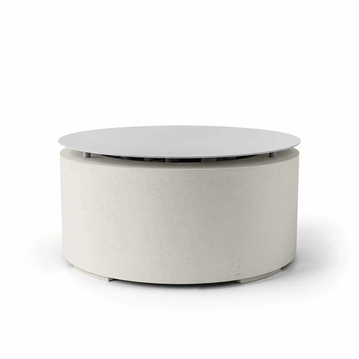 HPC Fire Hearth Products Controls Dekko GFRC Concrete Belmont Fire Pit in Limestone finish with removable Table Top Lid. The fire pit features a soft off-white GFRC concrete construction, rounded silhouette, and elevated circular cover that transforms the fire feature into a stylish outdoor table. Displayed against a white background, this Belmont Fire Pit accessory enhances usability while maintaining a clean architectural appearance.