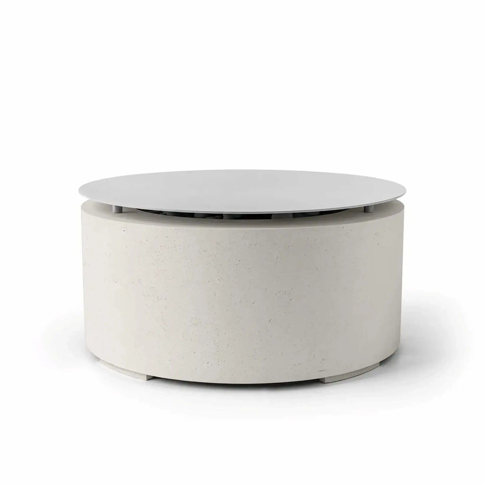HPC Fire Hearth Products Controls Dekko GFRC Concrete Belmont Fire Pit in Limestone finish with removable Table Top Lid. The fire pit features a soft off-white GFRC concrete construction, rounded silhouette, and elevated circular cover that transforms the fire feature into a stylish outdoor table. Displayed against a white background, this Belmont Fire Pit accessory enhances usability while maintaining a clean architectural appearance.