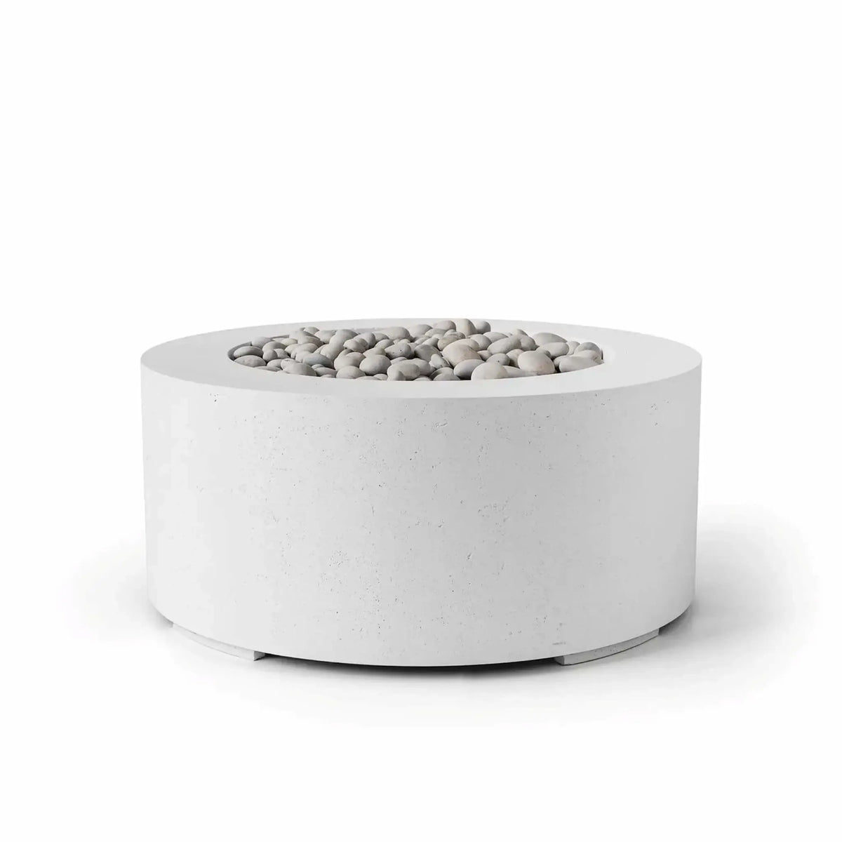 HPC Fire Hearth Products Controls Dekko GFRC Concrete Belmont Fire Pit in Natural finish featuring smooth ivory stone fire media. This modern round GFRC concrete fire pit showcases a clean white-toned natural concrete exterior, wide circular top rim, and recessed burner area filled with decorative ivory stones. Displayed on a white background, the Belmont Fire Pit combines minimalist architectural styling with durable outdoor construction for patios, terraces, and luxury outdoor living spaces.