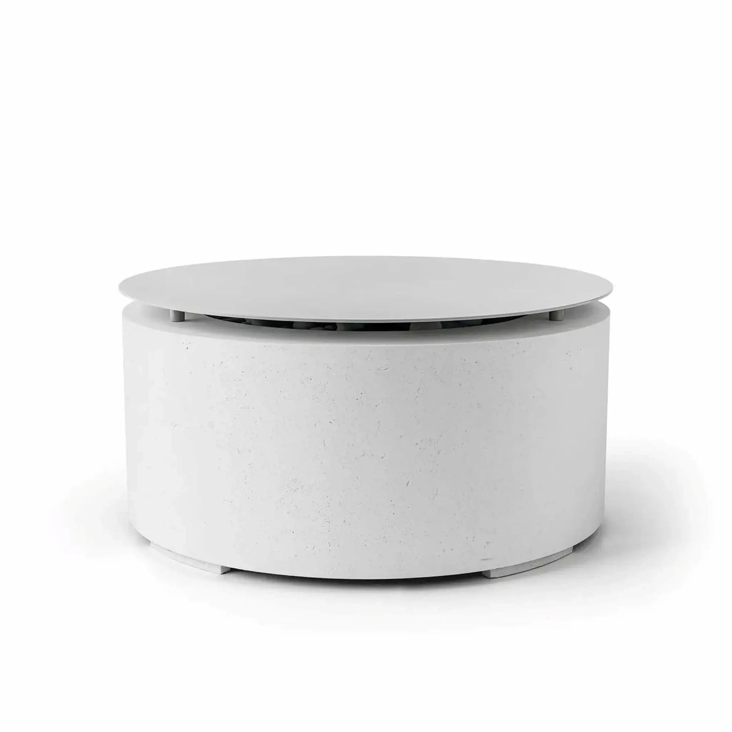 HPC Fire Hearth Products Controls Dekko GFRC Concrete Belmont Fire Pit in Natural finish equipped with a Table Top Lid. The round fire pit features a light concrete texture, wide cylindrical body, and a matching circular cover suspended above the burner opening. Designed to convert the Belmont Fire Pit into a multifunctional outdoor table, the lid offers added convenience and a refined contemporary aesthetic.