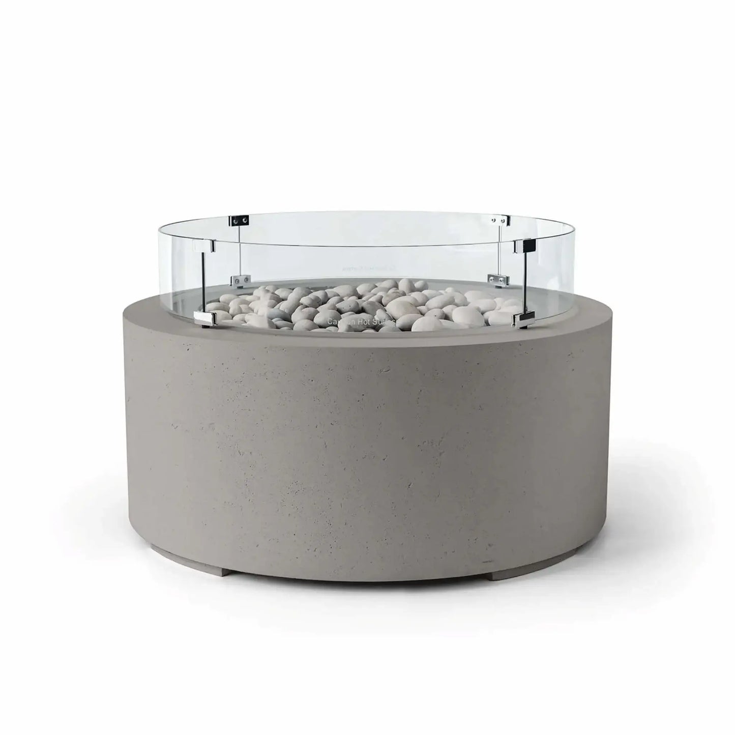 HPC Fire Hearth Products Controls Dekko GFRC Concrete Belmont Fire Pit in Sandstone finish with Ivory Stone fire media and a Tempered Glass Wind Guard. The warm beige sandstone-colored concrete base is paired with smooth ivory stones and surrounded by a circular clear glass windscreen that helps shield flames from wind. Displayed on a white background, this Belmont Fire Pit brings natural warmth and modern design to outdoor living environments.