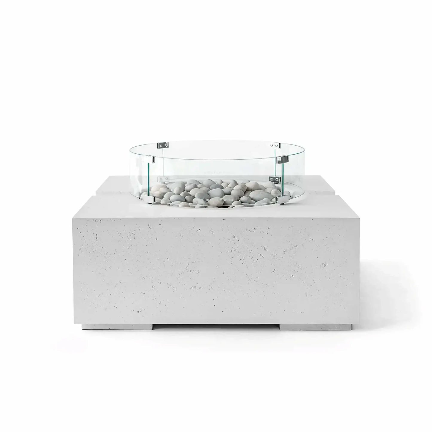 HPC Fire Hearth Products Controls Dekko GFRC Concrete Bravo 32 x 32 Fire Pit in Ash finish featuring smooth Ivory Stone fire media and a clear tempered glass wind guard. This modern square outdoor fire pit showcases a clean architectural design with a textured GFRC concrete base, raised burner area, and contemporary neutral color palette, photographed on a white background for product display.