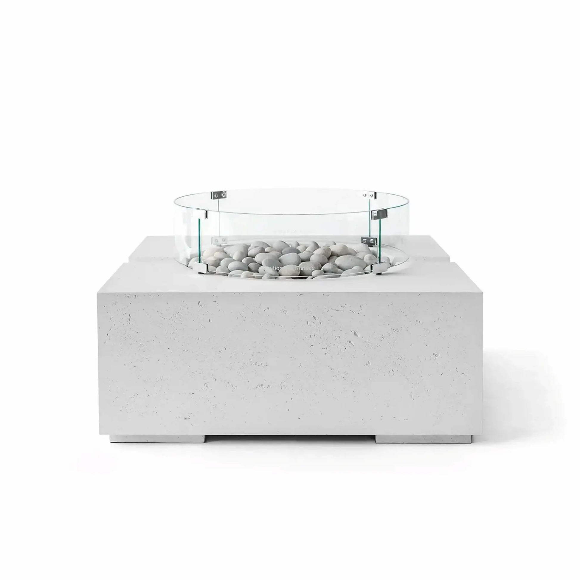 HPC Fire Hearth Products Controls Dekko GFRC Concrete Bravo 32 x 32 Fire Pit in Ash finish featuring smooth Ivory Stone fire media and a clear tempered glass wind guard. This modern square outdoor fire pit showcases a clean architectural design with a textured GFRC concrete base, raised burner area, and contemporary neutral color palette, photographed on a white background for product display.