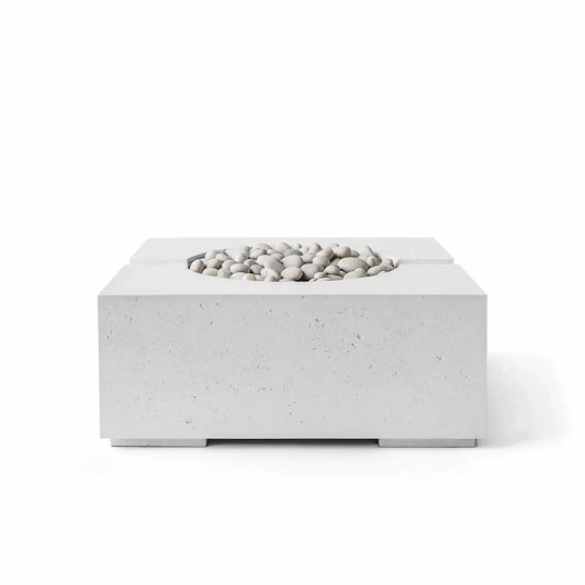 Front view of the HPC Fire Hearth Products Controls Dekko GFRC Concrete Bravo 32 x 32 Fire Pit in Ash finish, featuring a modern square glass fiber reinforced concrete body with a textured surface. The recessed circular burner area is filled with smooth Ivory Stone media, creating a clean contemporary outdoor fire pit design ideal for patios, decks, and backyard gathering spaces.