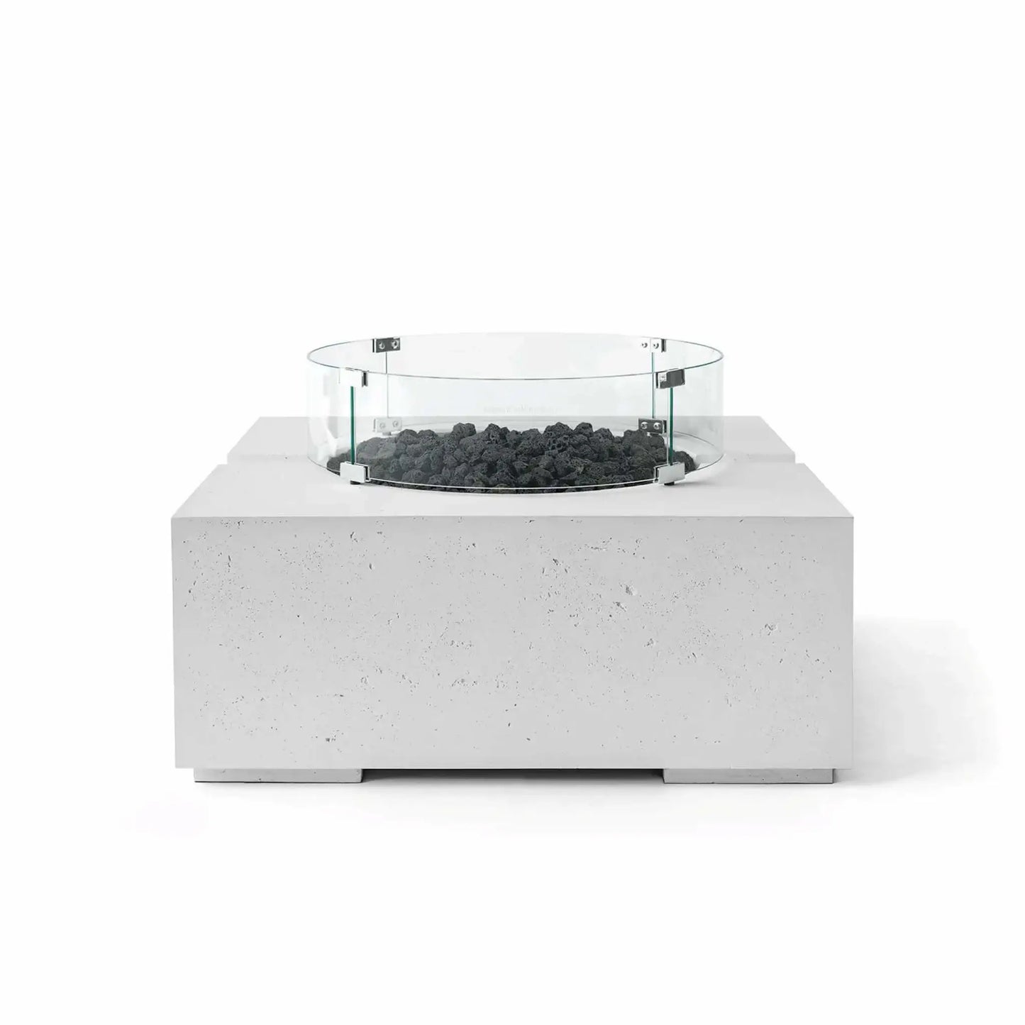 HPC Fire Hearth Products Controls Dekko GFRC Concrete Bravo 32 x 32 Fire Pit in Ash finish with natural black lava rock fire media and a circular tempered glass wind guard. The square concrete fire pit features a textured GFRC construction, elevated burner platform, and minimalist outdoor styling, shown in a front-facing product image against a clean white backdrop.