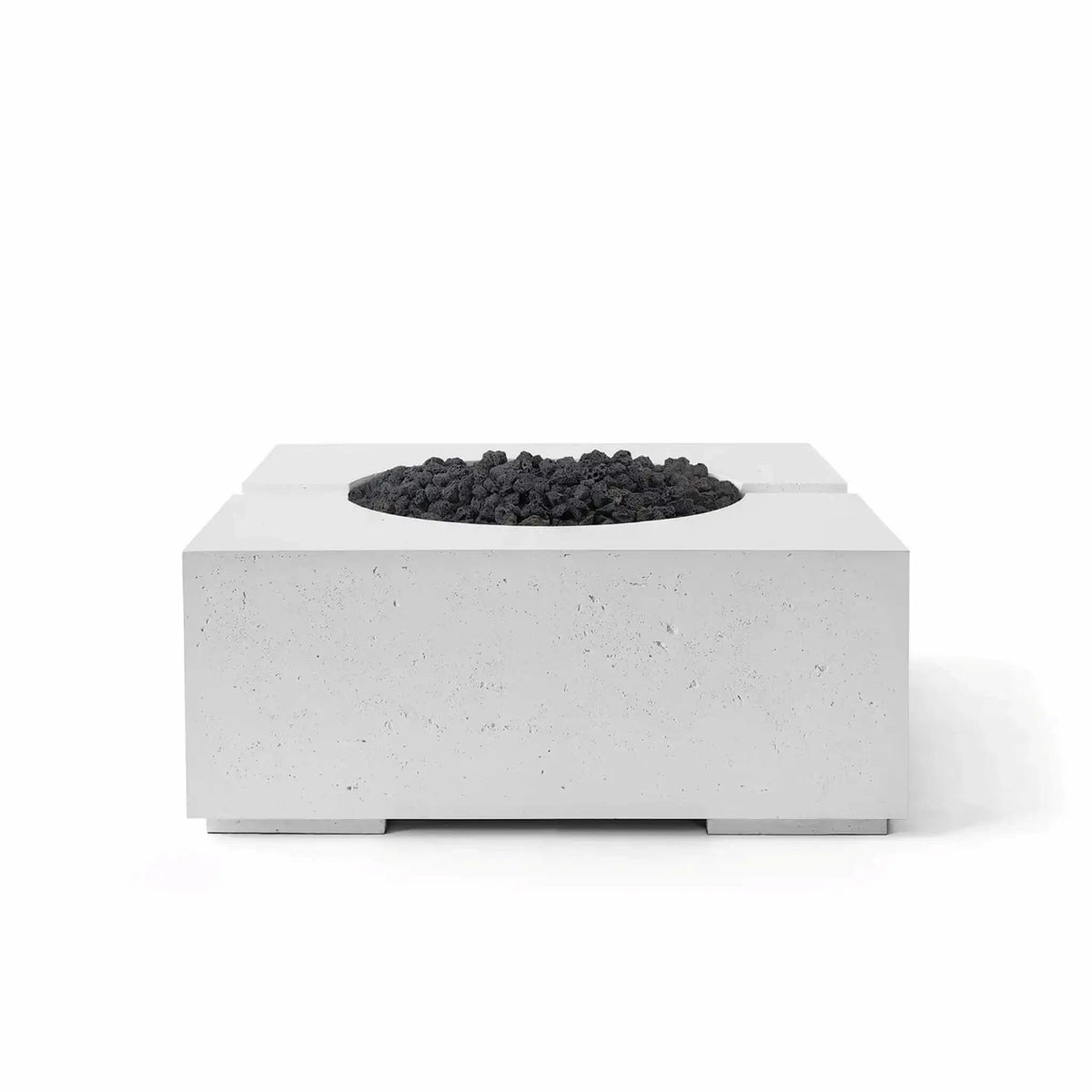 HPC Fire Hearth Products Controls Dekko GFRC Concrete Bravo 32 x 32 Fire Pit shown in Ash finish with black Lava Rock burner media. This square GFRC concrete fire pit features a minimalist architectural design, textured concrete construction, and a recessed circular fire bowl, providing a modern outdoor centerpiece for residential patios and outdoor living areas.