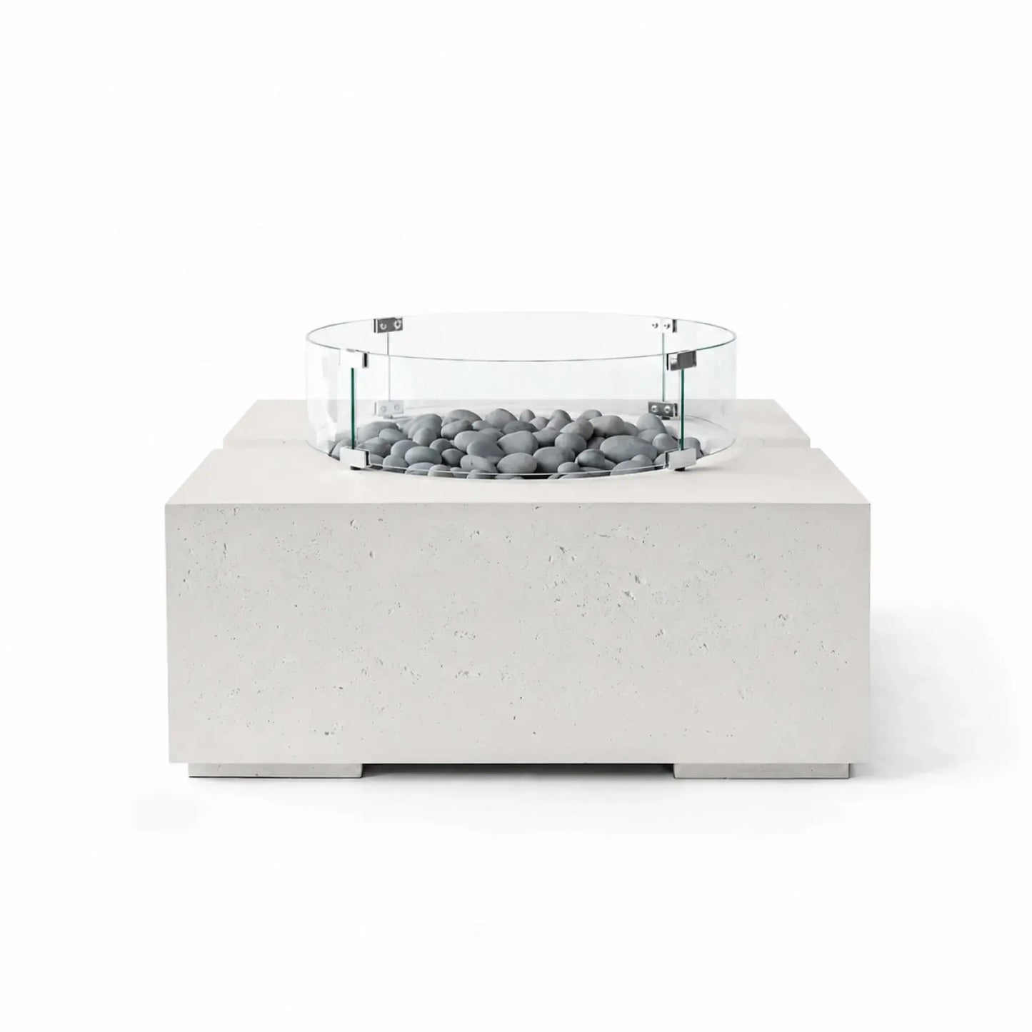 HPC Fire Hearth Products Controls Dekko GFRC Concrete Bravo 32 x 32 Fire Pit in Ash finish featuring Slate Stone fire media and a clear tempered glass wind guard. The contemporary square fire pit displays a textured concrete exterior, recessed burner area, and smooth gray decorative stones, creating a modern outdoor centerpiece presented on a white background.