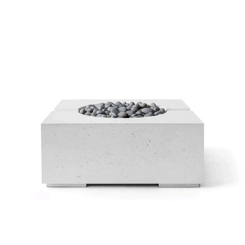 Front-facing product image of the Dekko GFRC Concrete Bravo 32 x 32 Fire Pit by HPC Fire Hearth Products Controls in Ash finish. The fire feature includes a recessed circular burner compartment filled with decorative Slate Stone media, highlighting the fire pit’s modern square profile, textured GFRC concrete construction, and contemporary outdoor design aesthetic.