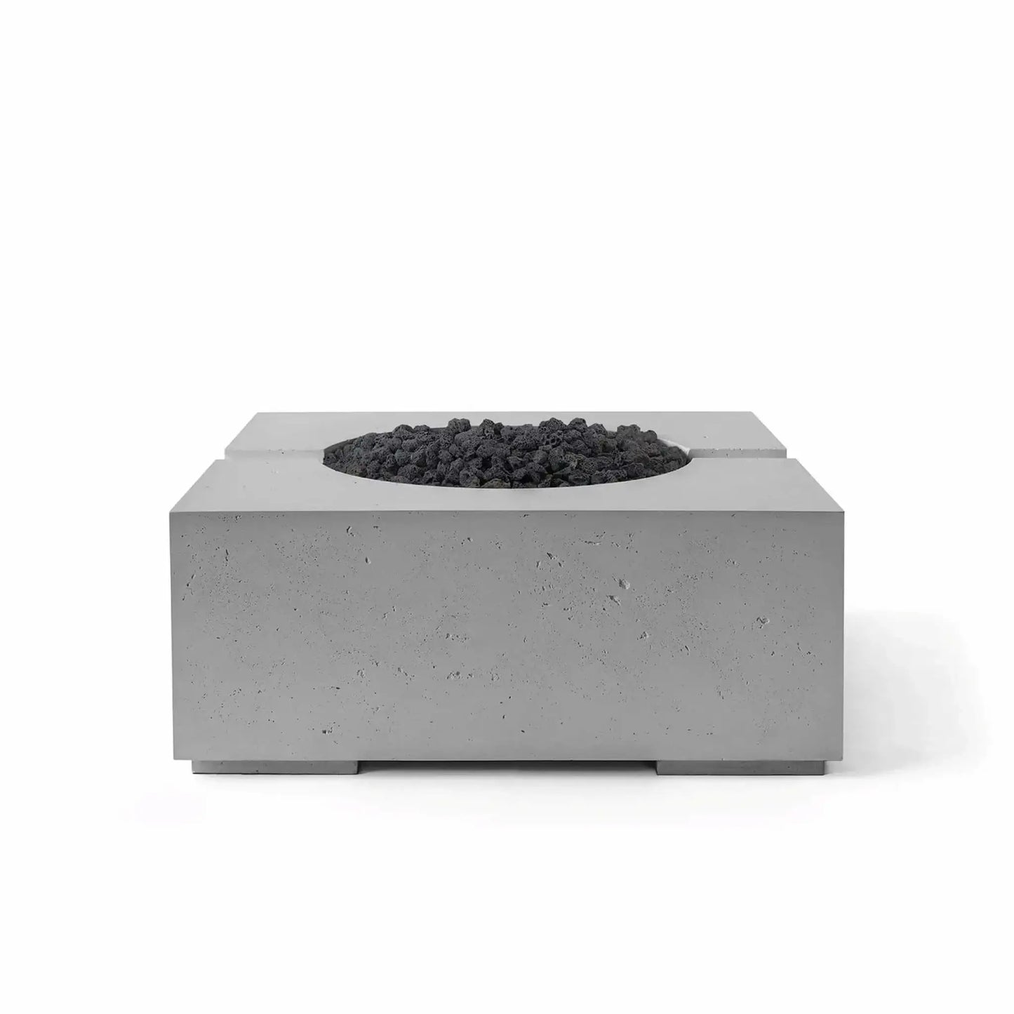 Product image of the Dekko GFRC Concrete Bravo 32 x 32 Fire Pit from HPC Fire Hearth Products Controls in Charcoal finish. The circular burner area is filled with black Lava Rock media, contrasting against the dark gray concrete body. The square fire pit features clean architectural lines and a contemporary design for outdoor entertainment spaces.