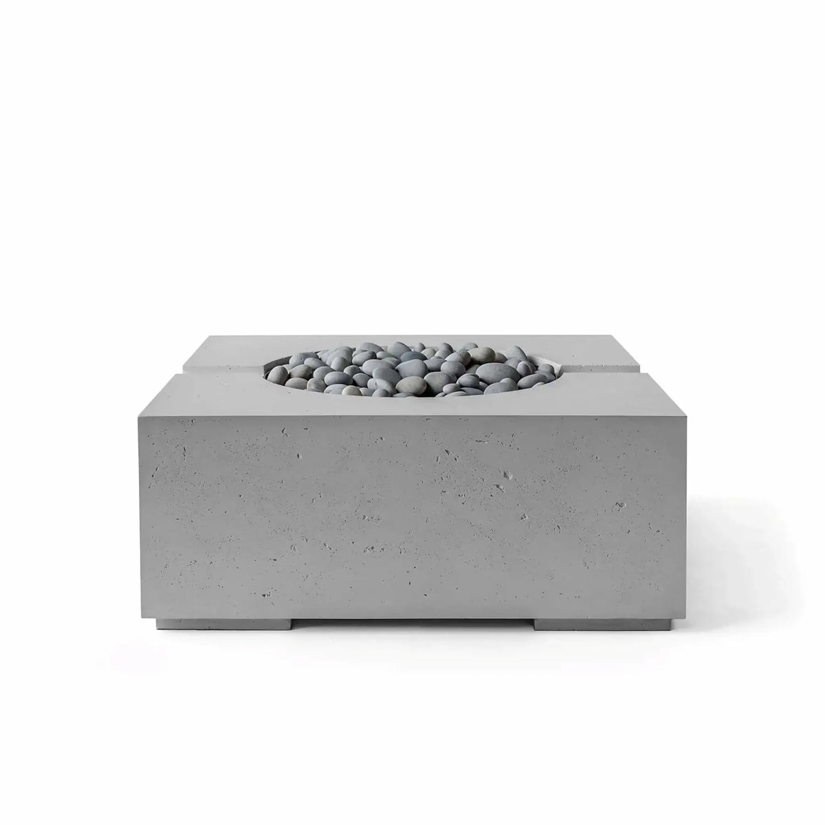 Front view of the HPC Dekko GFRC Concrete Bravo 32 x 32 Fire Pit finished in Charcoal and equipped with decorative Slate Stone media. The square glass fiber reinforced concrete fire pit showcases a textured gray surface, recessed round burner opening, and sleek contemporary styling designed for modern outdoor patios and backyard fire feature installations.