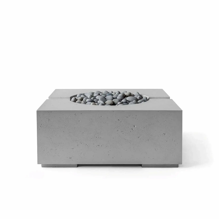 Front view of the HPC Dekko GFRC Concrete Bravo 32 x 32 Fire Pit finished in Charcoal and equipped with decorative Slate Stone media. The square glass fiber reinforced concrete fire pit showcases a textured gray surface, recessed round burner opening, and sleek contemporary styling designed for modern outdoor patios and backyard fire feature installations.