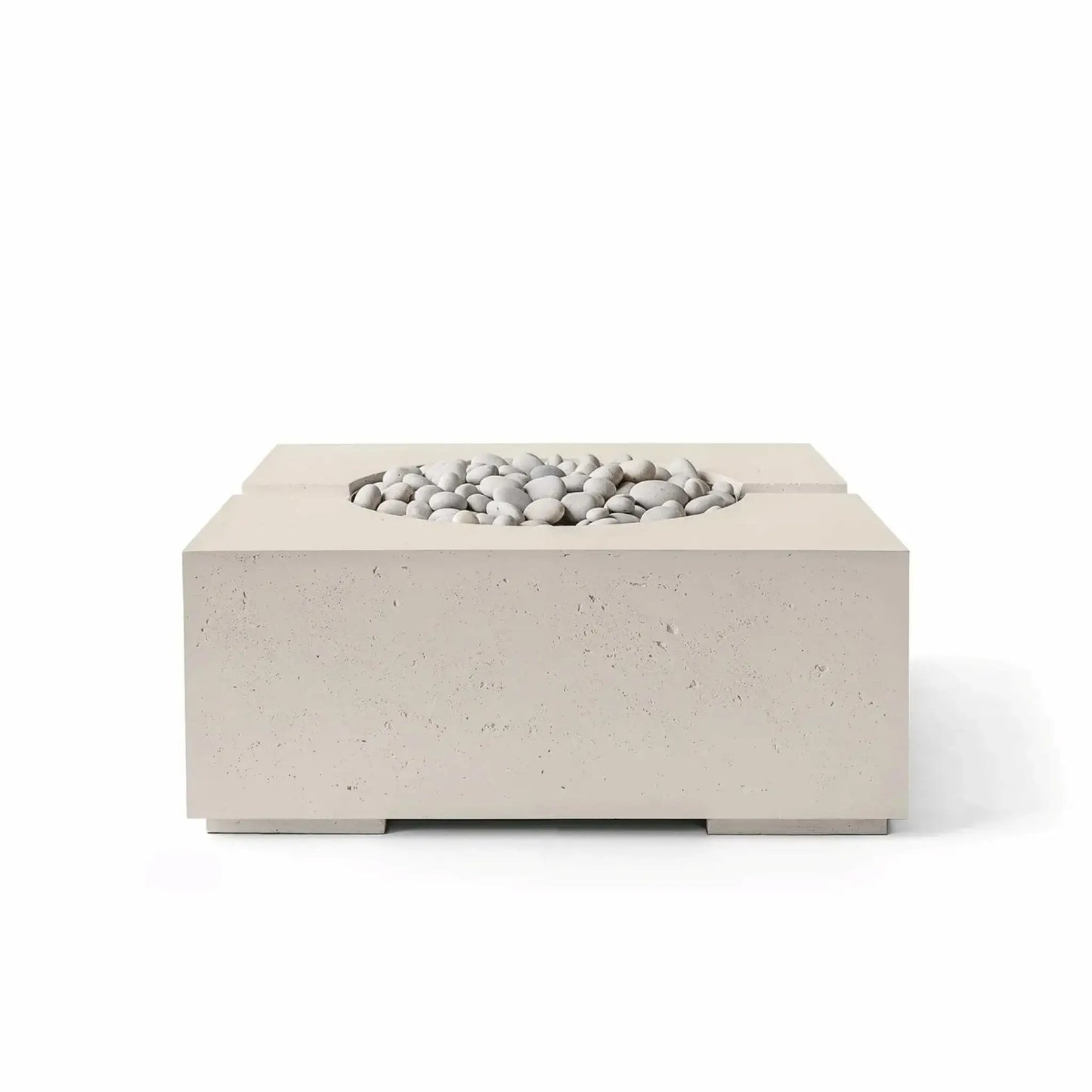 HPC Fire Hearth Products Controls Dekko GFRC Concrete Bravo 32 x 32 Fire Pit in Clay finish featuring smooth Ivory Stone media within the recessed burner area. The warm neutral concrete tone, square profile, and durable GFRC construction create a refined outdoor fire pit that complements transitional and contemporary patio environments.