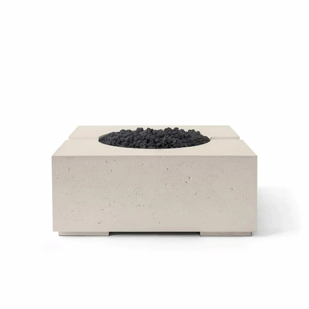 Front product image of the Dekko GFRC Concrete Bravo 32 x 32 Fire Pit by HPC Fire Hearth Products Controls in Clay finish with black Lava Rock media. The fire pit features a square architectural form, textured GFRC concrete body, recessed circular fire opening, and a neutral earth-toned finish designed for stylish outdoor living spaces.