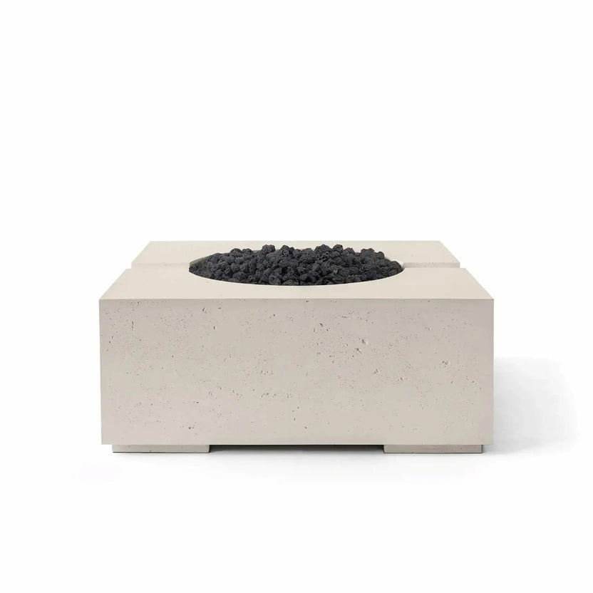 Front product image of the Dekko GFRC Concrete Bravo 32 x 32 Fire Pit by HPC Fire Hearth Products Controls in Clay finish with black Lava Rock media. The fire pit features a square architectural form, textured GFRC concrete body, recessed circular fire opening, and a neutral earth-toned finish designed for stylish outdoor living spaces.
