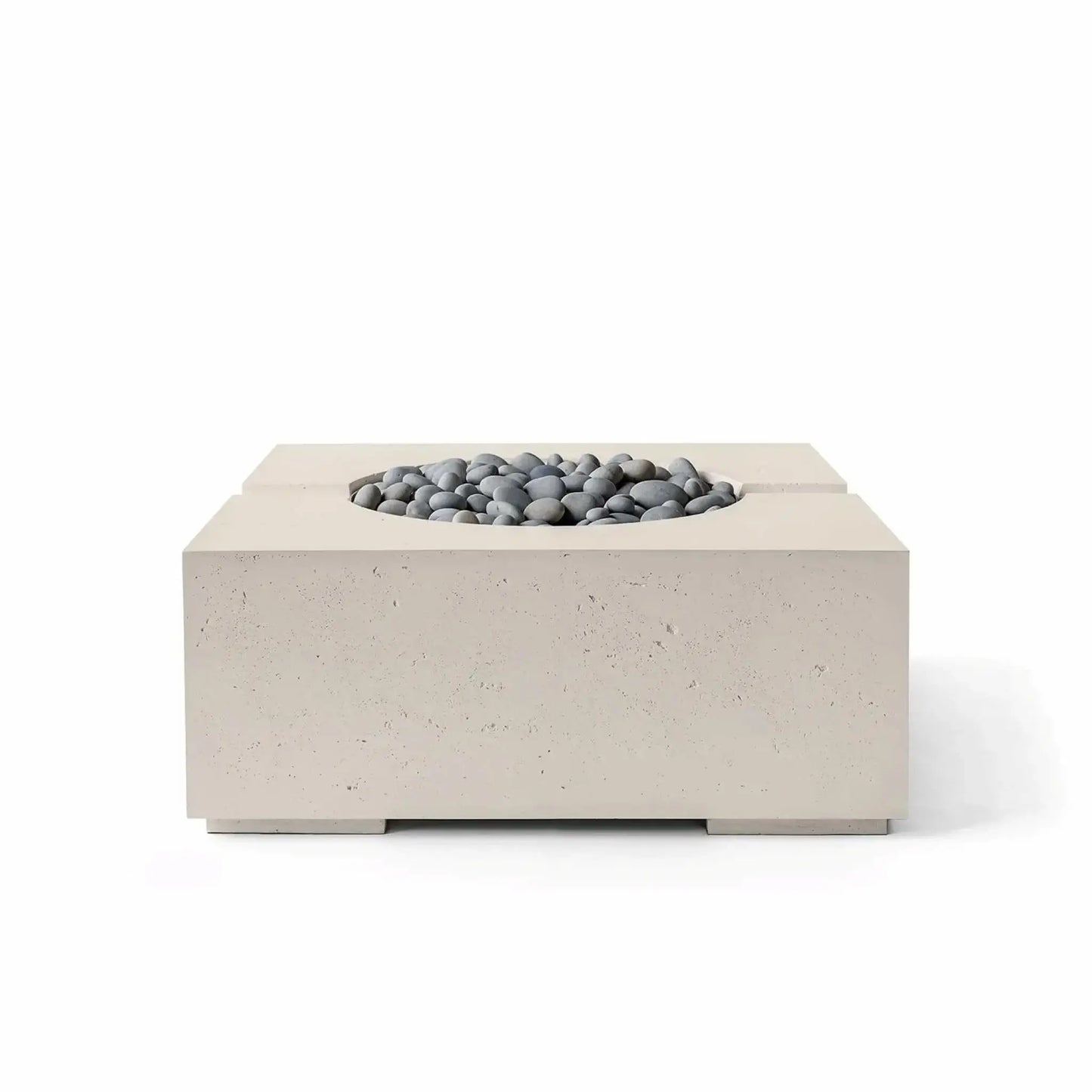 Dekko GFRC Concrete Bravo 32 x 32 Fire Pit from HPC Fire Hearth Products Controls shown in Clay finish with decorative Slate Stone media. This contemporary square outdoor fire pit features durable glass fiber reinforced concrete construction, a recessed circular burner compartment, textured finish details, and a clean modern design suitable for patios and outdoor seating areas.