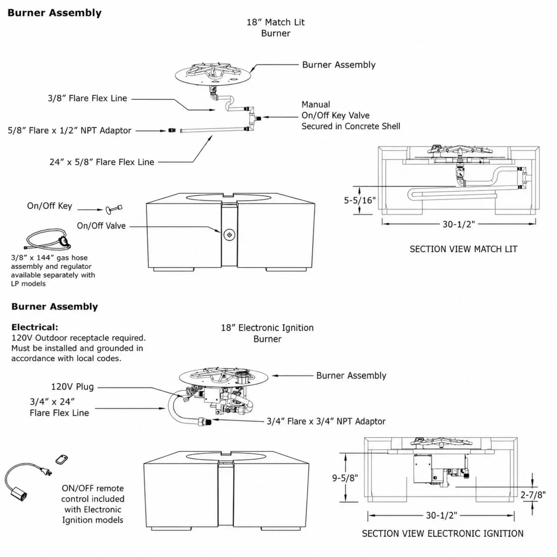 Technical burner assembly and ignition specification sheet for the HPC Fire Hearth Products Controls Dekko GFRC Concrete Bravo 32 x 32 Fire Pit. The diagram illustrates Match Lit and Electronic Ignition burner configurations, gas flex lines, flare adaptors, key valve locations, remote control components, burner assemblies, section views, installation dimensions, and clearance measurements for proper fire pit setup and operation.