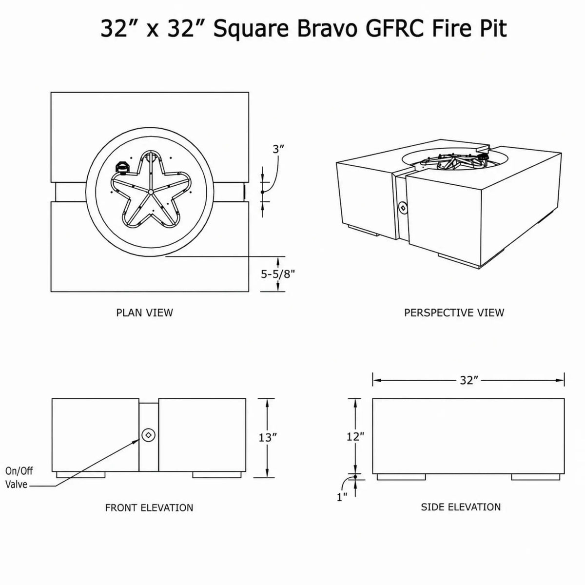 Technical specification sheet for the HPC Fire Hearth Products Controls Dekko GFRC Concrete Bravo 32 x 32 Fire Pit. The engineering drawing includes plan, perspective, front elevation, and side elevation views with dimensions showing the 32-inch square footprint, 13-inch overall height, burner opening layout, on/off valve location, support feet, and detailed construction measurements for installation and planning purposes.