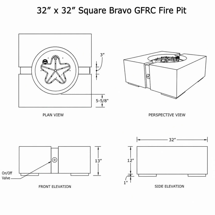 Technical specification sheet for the HPC Fire Hearth Products Controls Dekko GFRC Concrete Bravo 32 x 32 Fire Pit. The engineering drawing includes plan, perspective, front elevation, and side elevation views with dimensions showing the 32-inch square footprint, 13-inch overall height, burner opening layout, on/off valve location, support feet, and detailed construction measurements for installation and planning purposes.