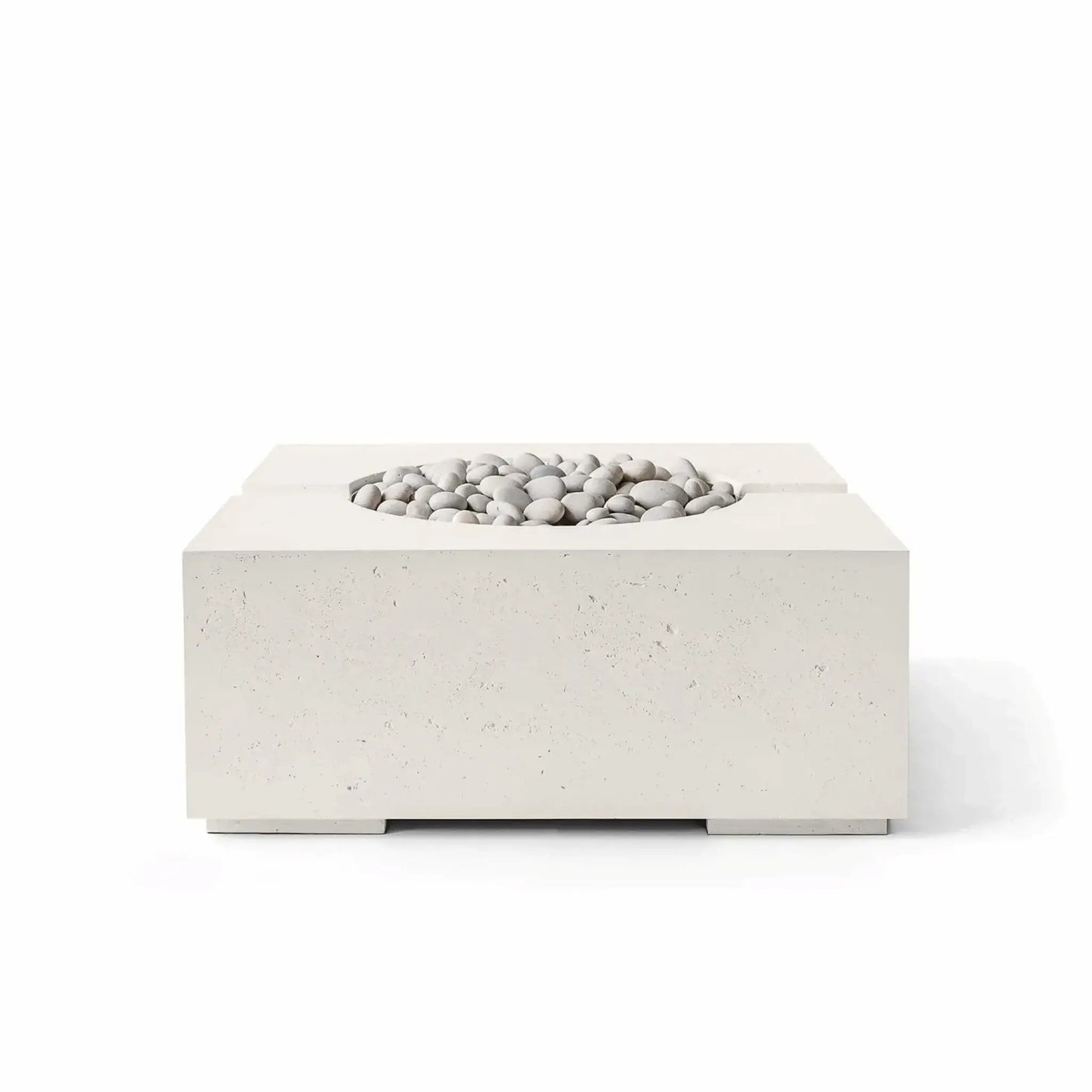 Front product image of the HPC Fire Hearth Products Controls Dekko GFRC Concrete Bravo 32 x 32 Fire Pit in Limestone finish with Ivory Stone media. The square glass fiber reinforced concrete fire pit features a light textured surface, recessed circular burner opening, and smooth ivory decorative stones that complement contemporary outdoor patios and landscape designs.