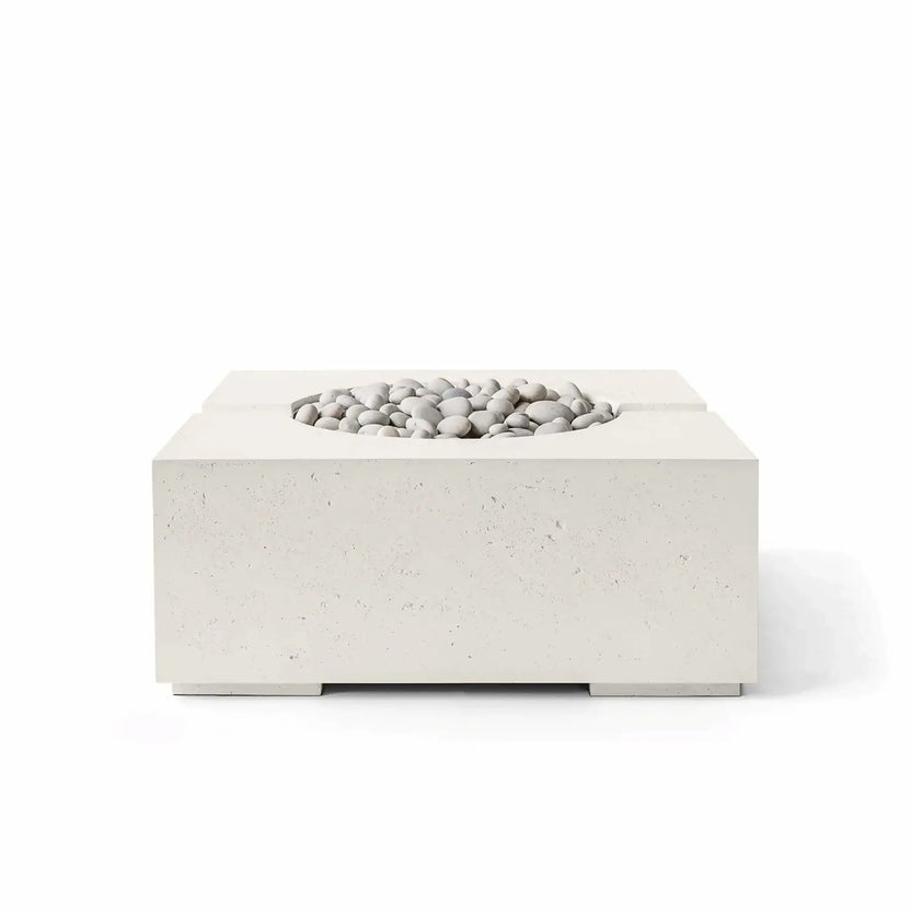 Front product image of the HPC Fire Hearth Products Controls Dekko GFRC Concrete Bravo 32 x 32 Fire Pit in Limestone finish with Ivory Stone media. The square glass fiber reinforced concrete fire pit features a light textured surface, recessed circular burner opening, and smooth ivory decorative stones that complement contemporary outdoor patios and landscape designs.