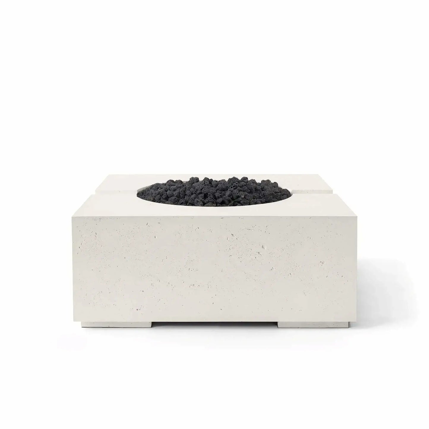 HPC Fire Hearth Products Controls Dekko GFRC Concrete Bravo 32 x 32 Fire Pit shown in Limestone finish with black Lava Rock media. The image highlights the fire pit’s modern square silhouette, textured GFRC concrete construction, elevated base supports, and contrasting dark volcanic rock fire media designed for stylish outdoor living environments.